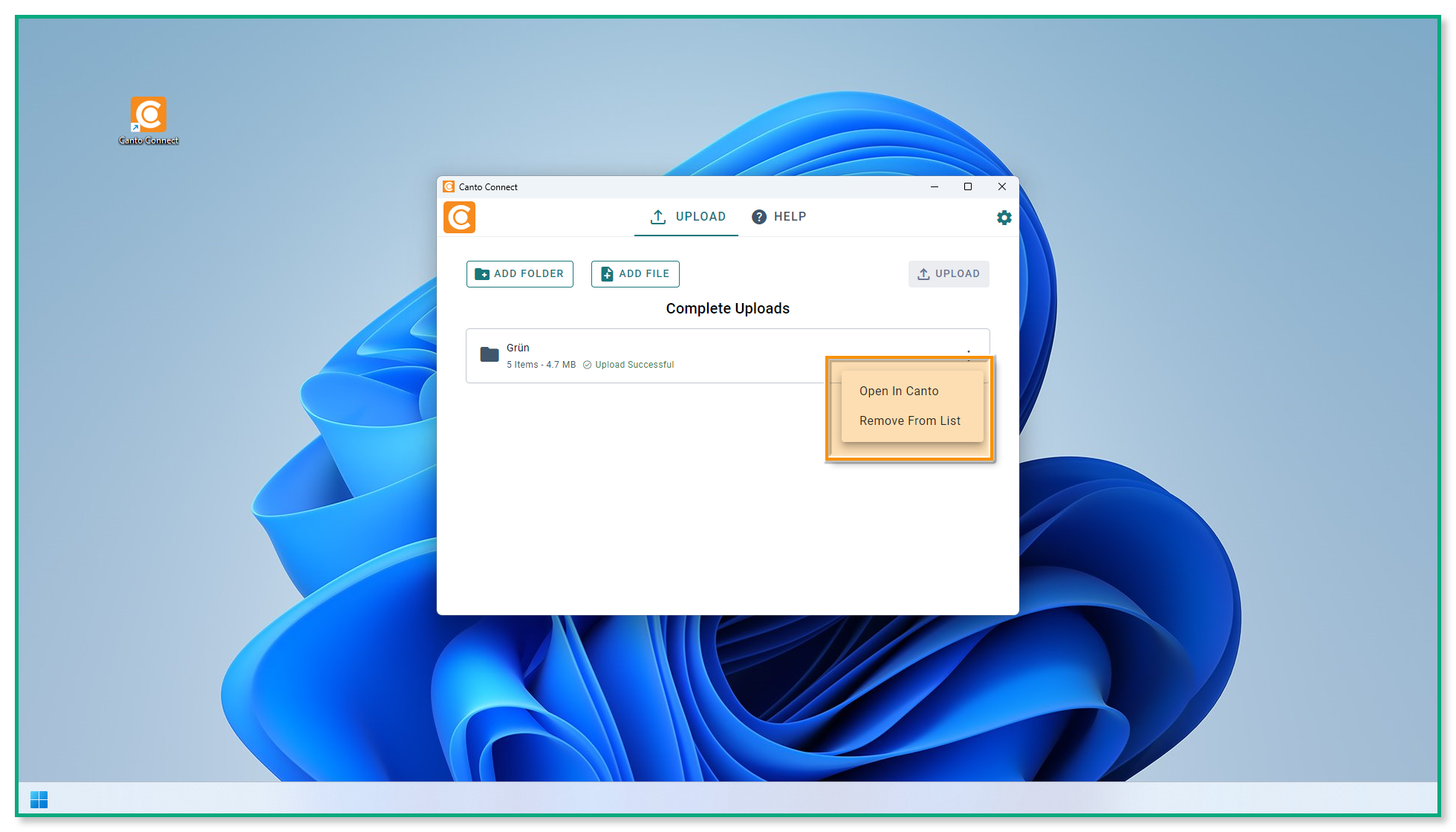 The Canto Connect upload page - the "Complete Uploads" section is visible, and the item context menu is highlighted.