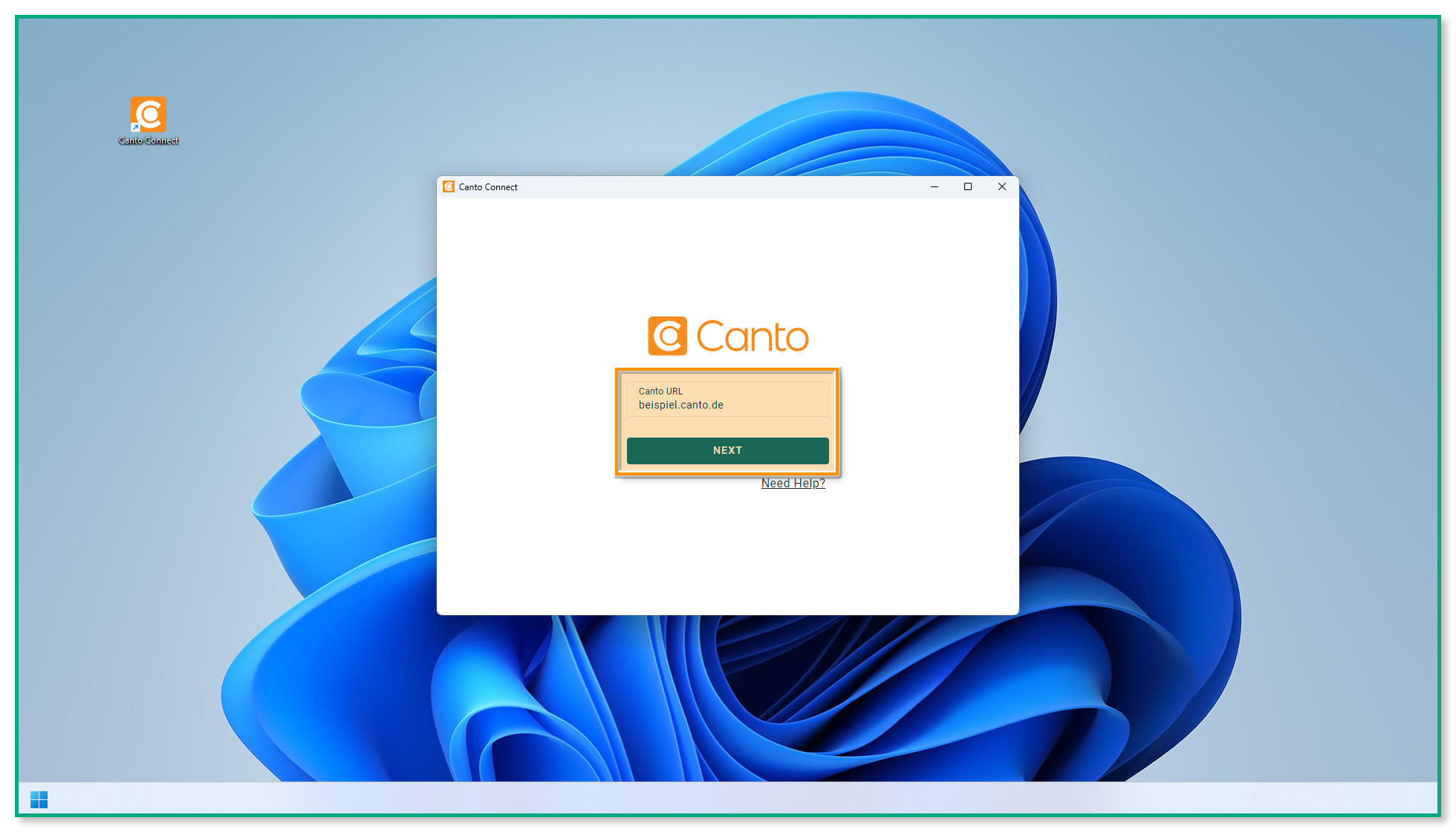 Die Canto Connect Tenant-Auswahlseite - das Feld "Tenant-URL" und der "Next"-Knopf sind hervorgehoben.
