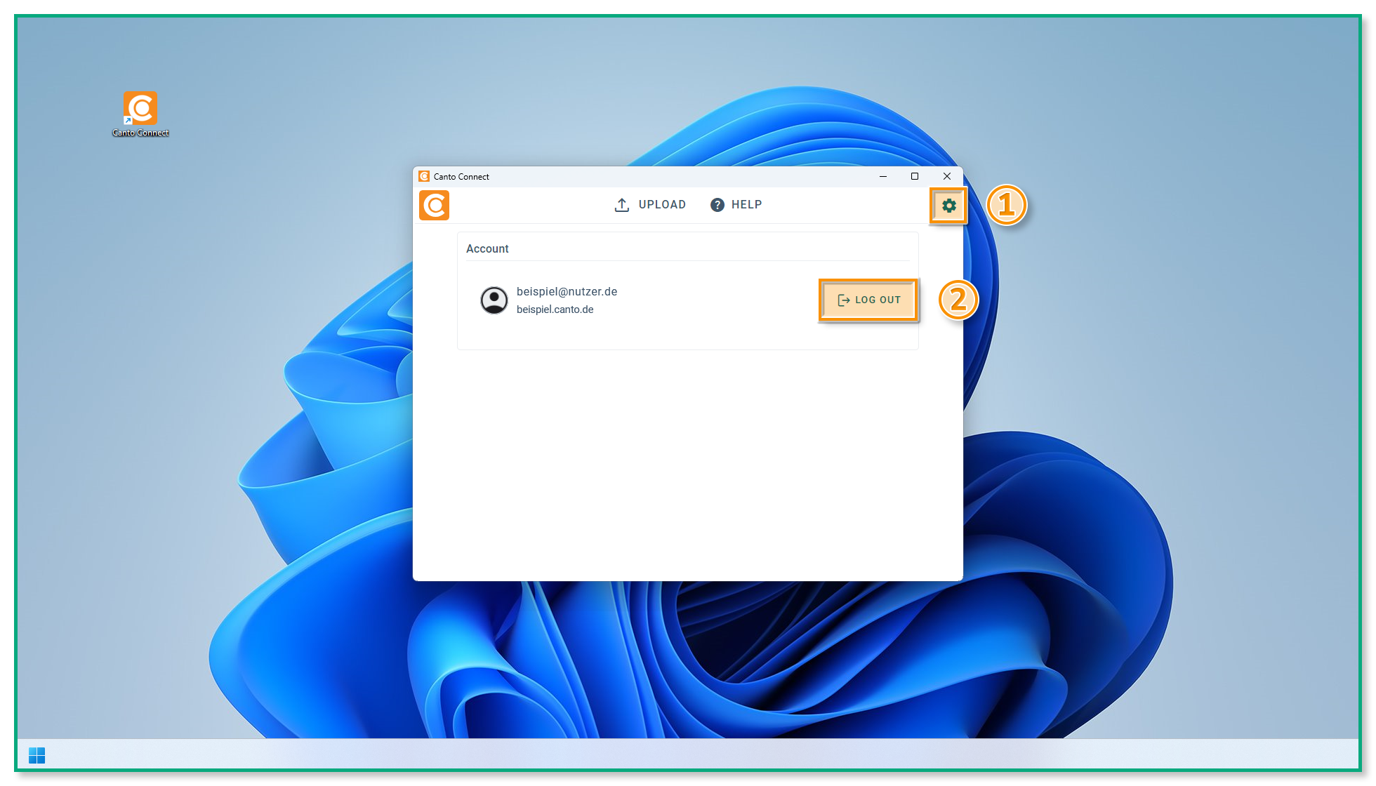 Die Seite "Account & Settings" in Canto Connect - das Zahnradsymbol und der "Log Out"-Knopf sind hervorgehoben.