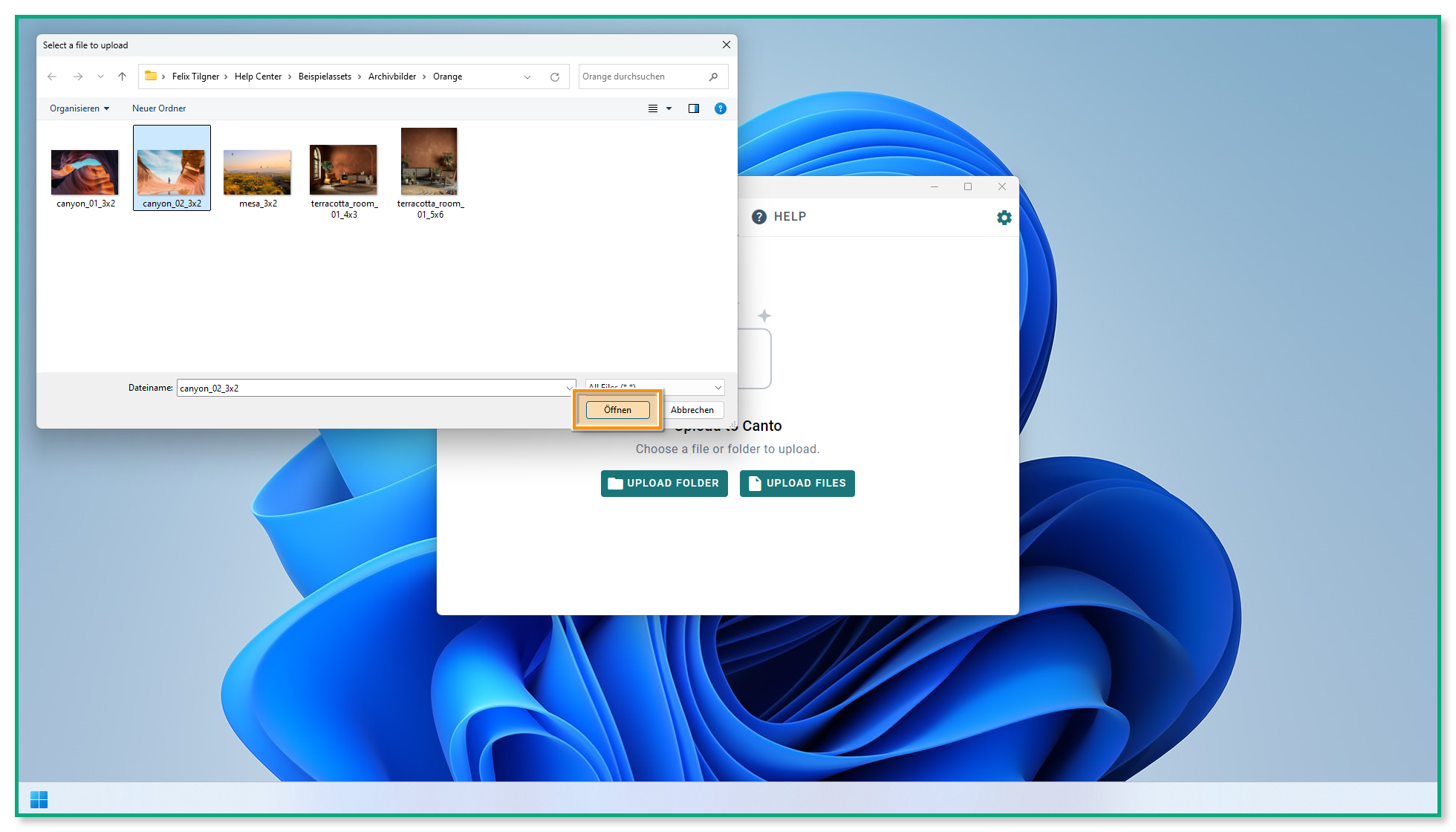 Die Canto Connect Upload-Seite - ein Windows Datei-Explorer-Fenster ist geöffnet, eine Datei wurde ausgewählt und der "Öffnen"-Knopf ist hervorgehoben.