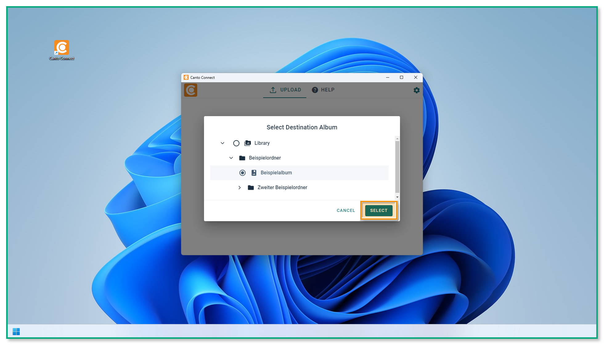 Die Canto Connect Upload-Seite - das Overlay "Select Destination Album" ist sichtbar, und der "Select"-Knopf ist hervorgehoben.