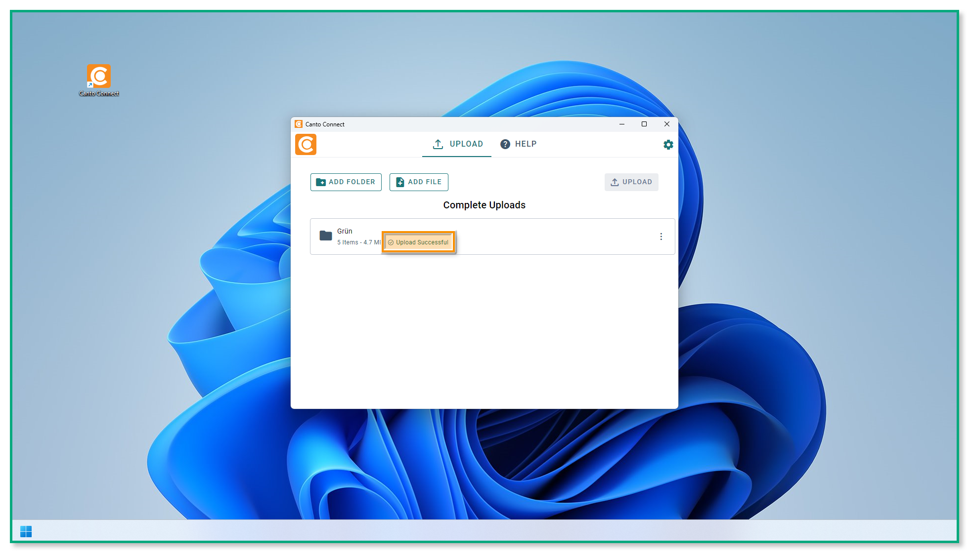 Die Canto Connect Upload-Seite - der Bereich "Complete Uploads" ist sichtbar, und die Kennzeichnung "Upload Successful" ist hervorgehoben.