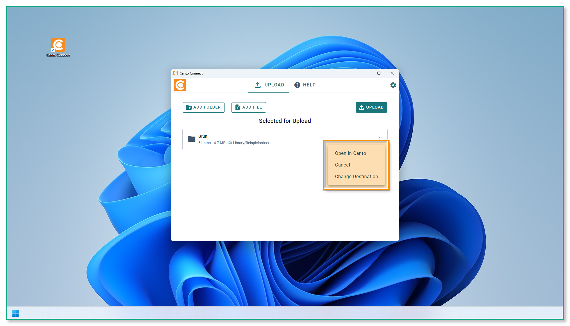 Die Canto Connect Upload-Seite - der Bereich "Selected for Upload" ist sichtbar, und das Kontextmenü ist hervorgehoben.