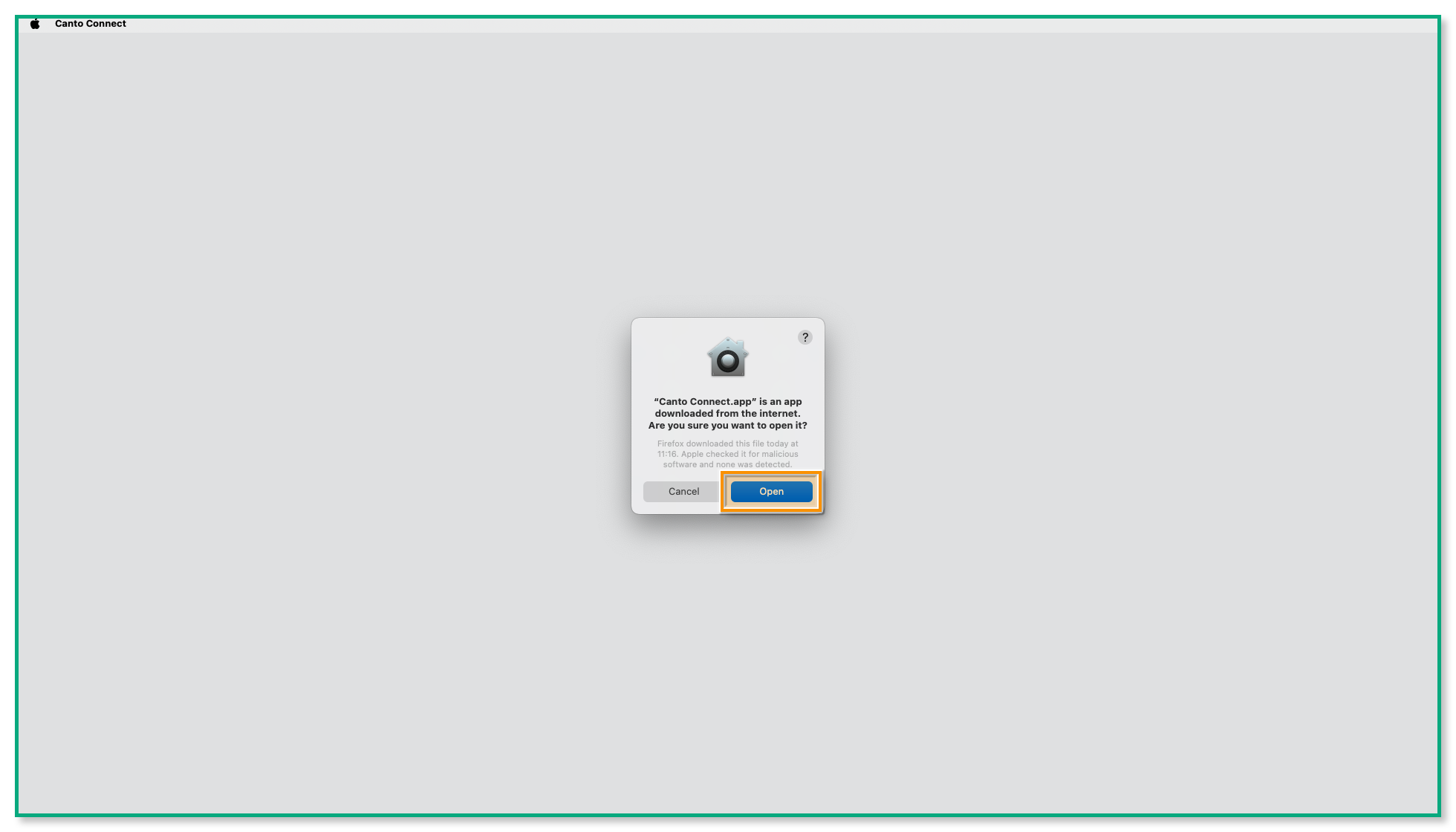 A macOS desktop - a pop-up window is visible, and the "Open" button is highlighted.