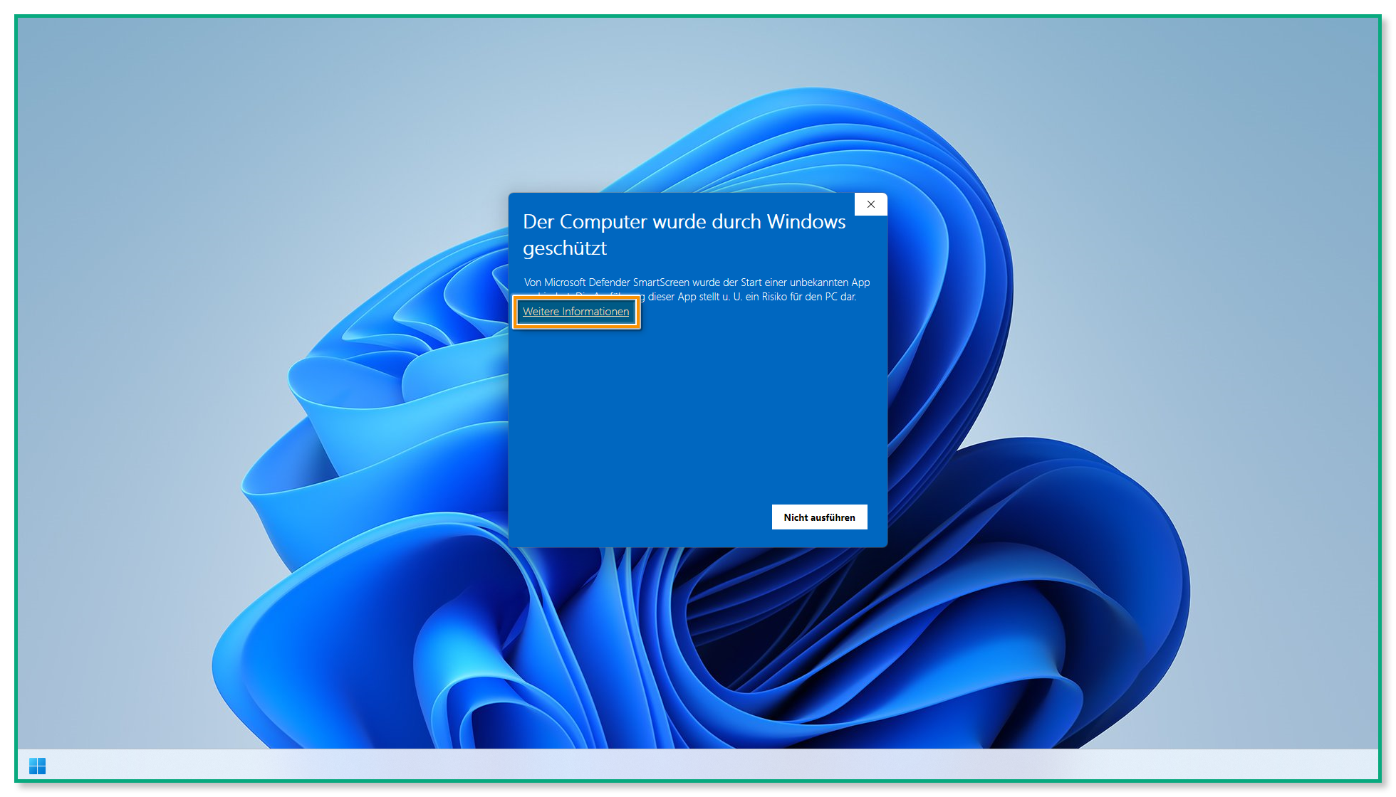 Ein Windows-Desktop - ein Pop-up-Fenster ist sichtbar, und die Option "Weitere Informationen" ist hervorgehoben.