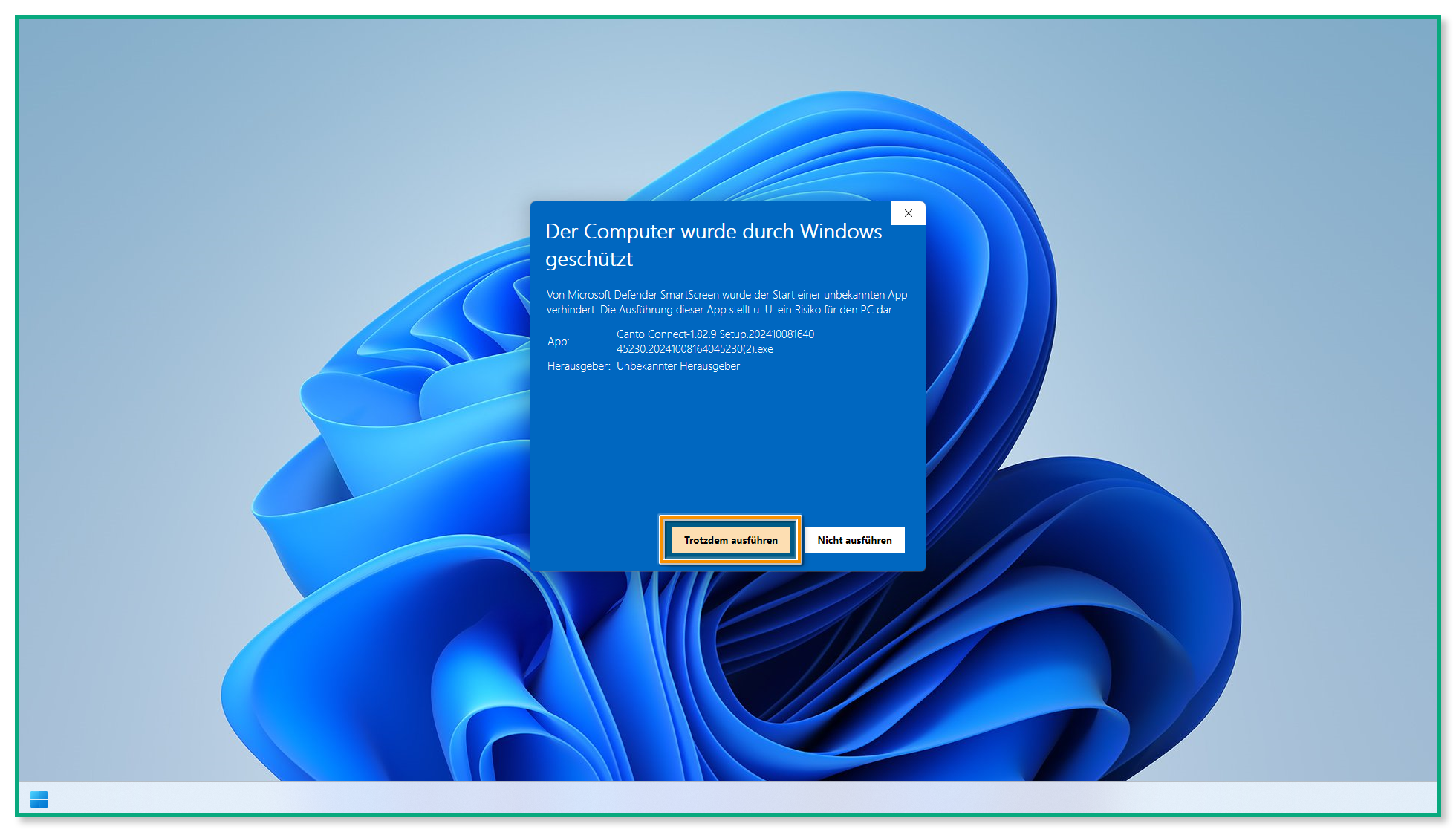 Ein Windows-Desktop - ein Popup-Fenster ist sichtbar, und der Knopf "Trotzdem ausführen" ist hervorgehoben.