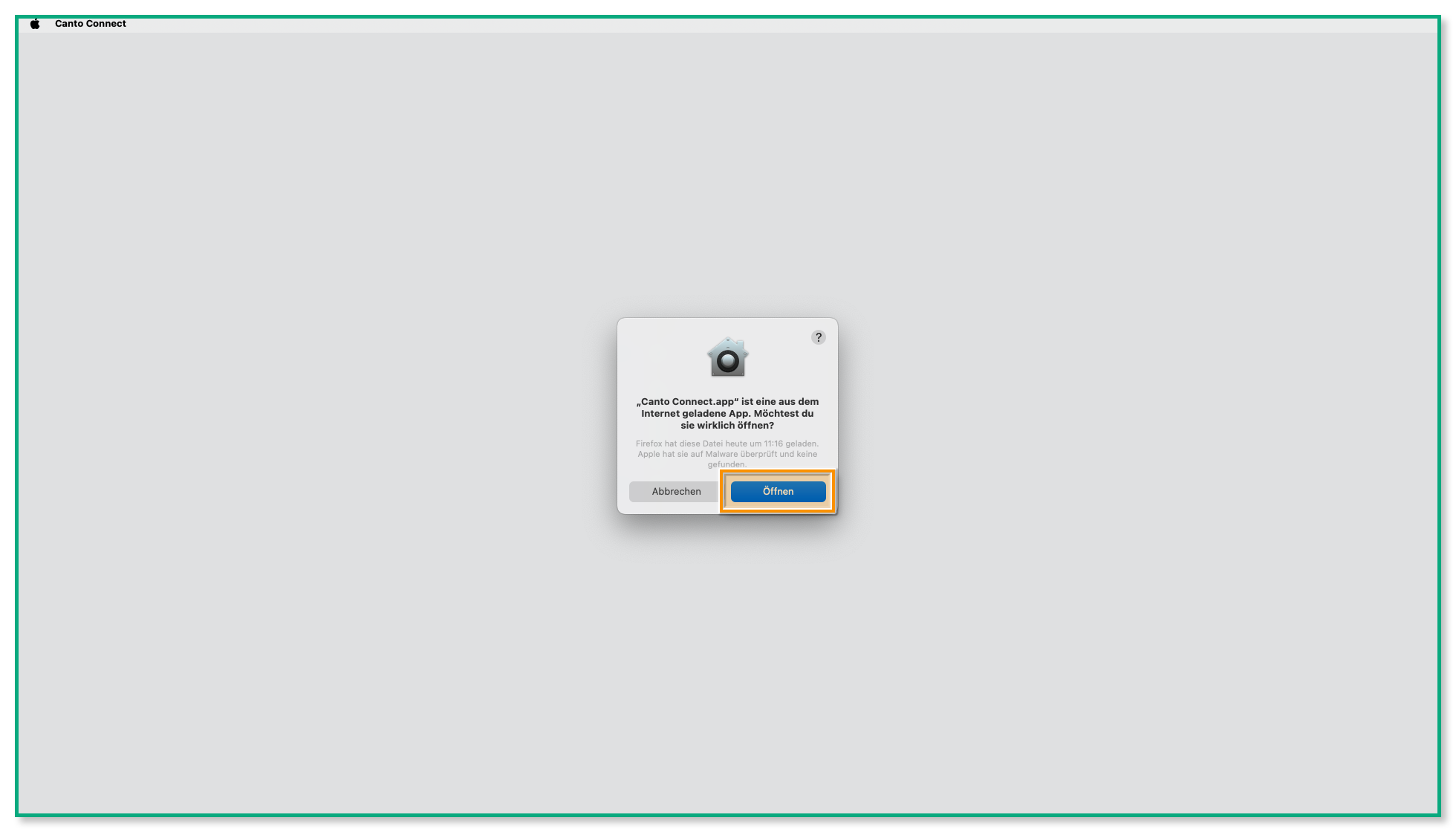 Ein macOS-Desktop - ein Popup-Fenster ist sichtbar, und der Knopf "Öffnen" ist hervorgehoben.