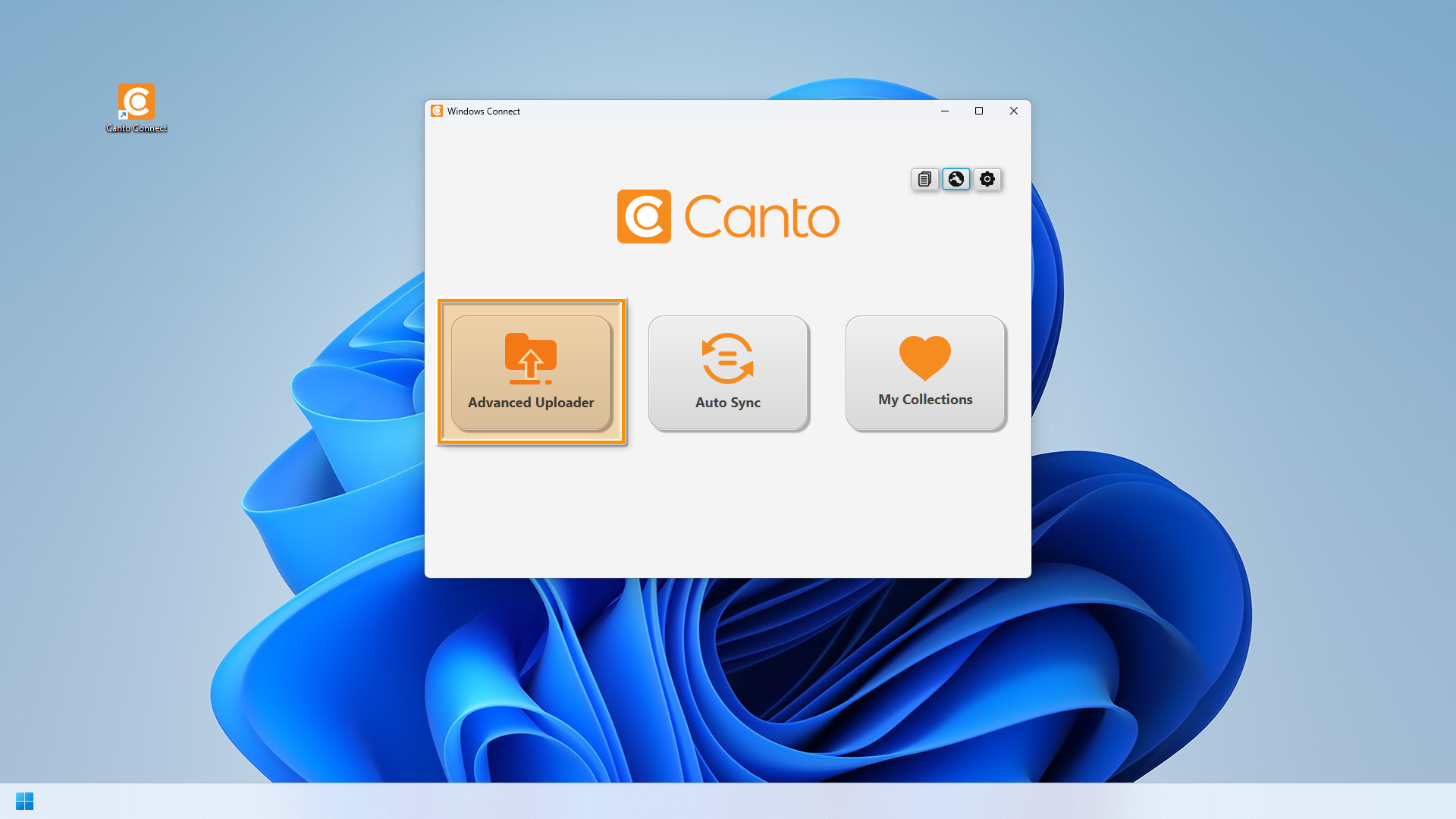 Canto Connect (Legacy) für Windows - der Knopf "Advanced Uploader" ist hervorgehoben.
