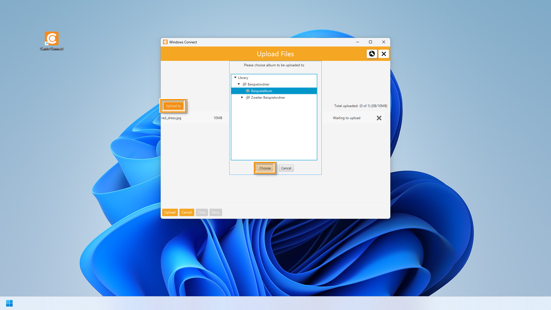 Canto Connect (Legacy) für Windows - der Dialog zur Album-Auswahl ist sichtbar, und mehrere Elemente sind hervorgehoben.