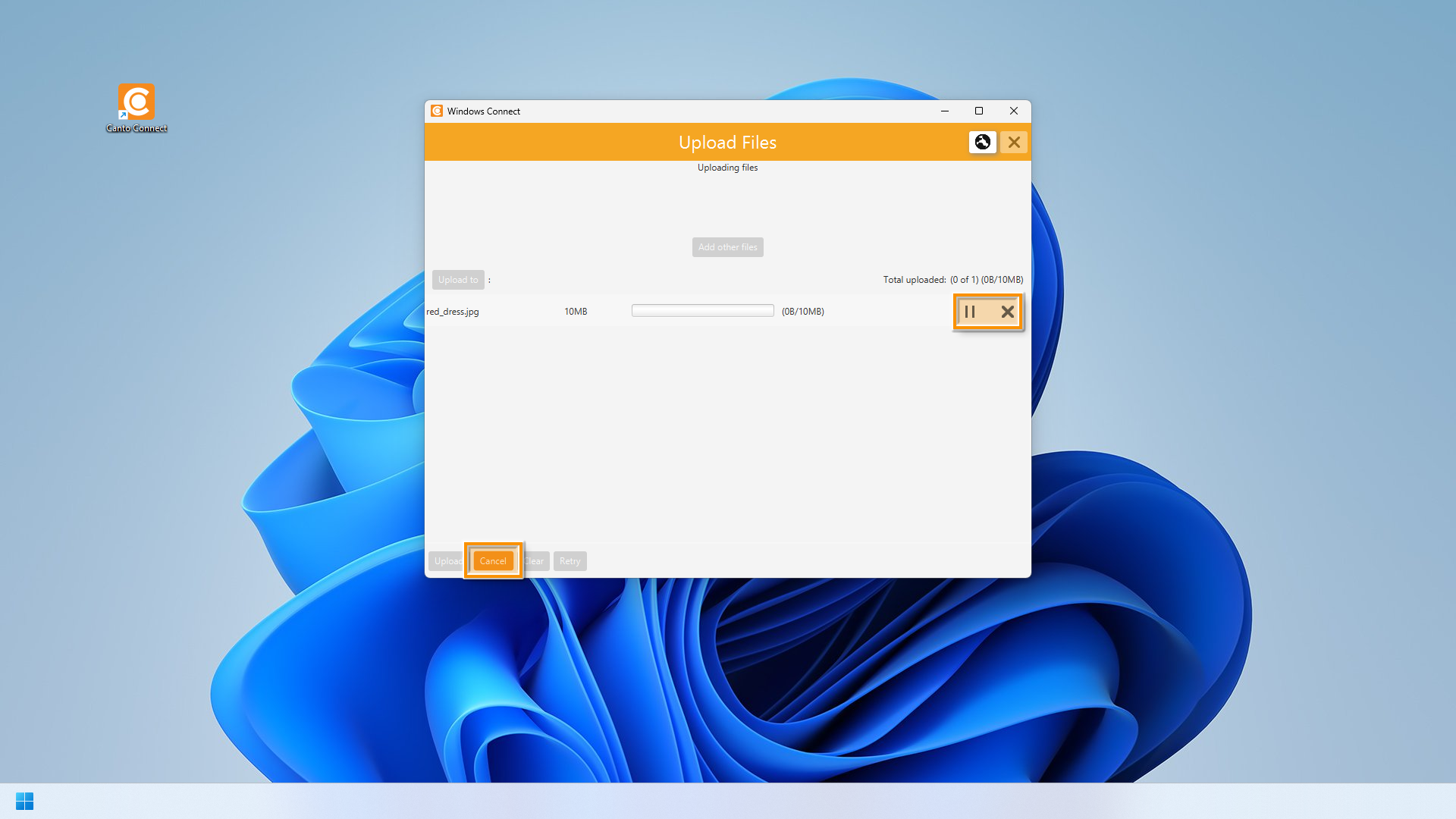 Canto Connect (Legacy) für Windows - der "Upload Files"-Dialog ist sichtbar, und mehrere Elemente sind hervorgehoben.