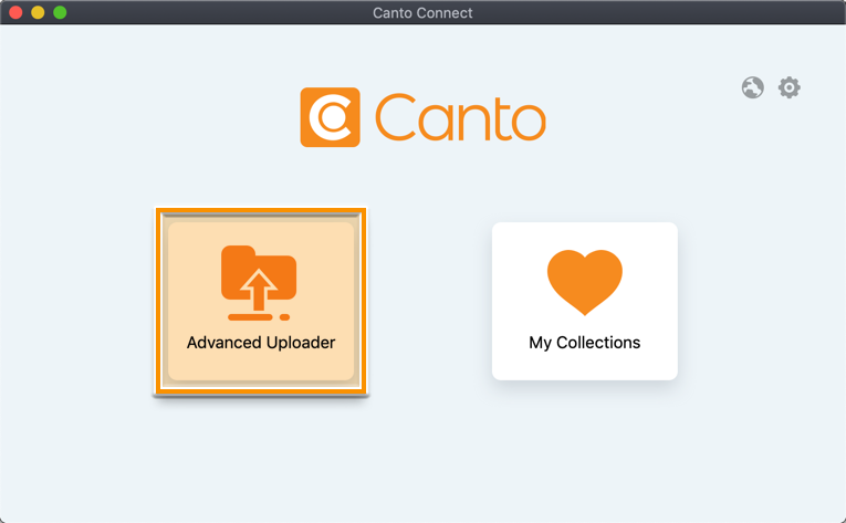 Canto Connect (Legacy) für macOS - der Knopf "Advanced Uploader" ist hervorgehoben.