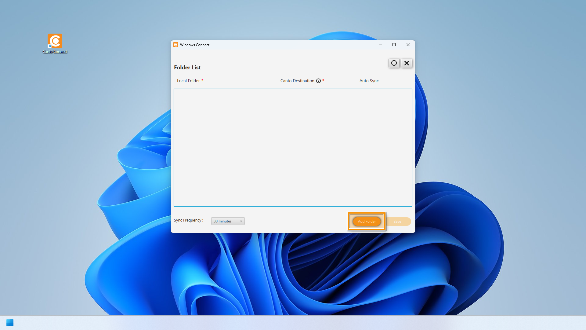 Canto Connect (Legacy) für Windows - der "Auto Sync"-Dialog ist sichtbar, und der "Add Folder"-Knopf ist hervorgehoben.