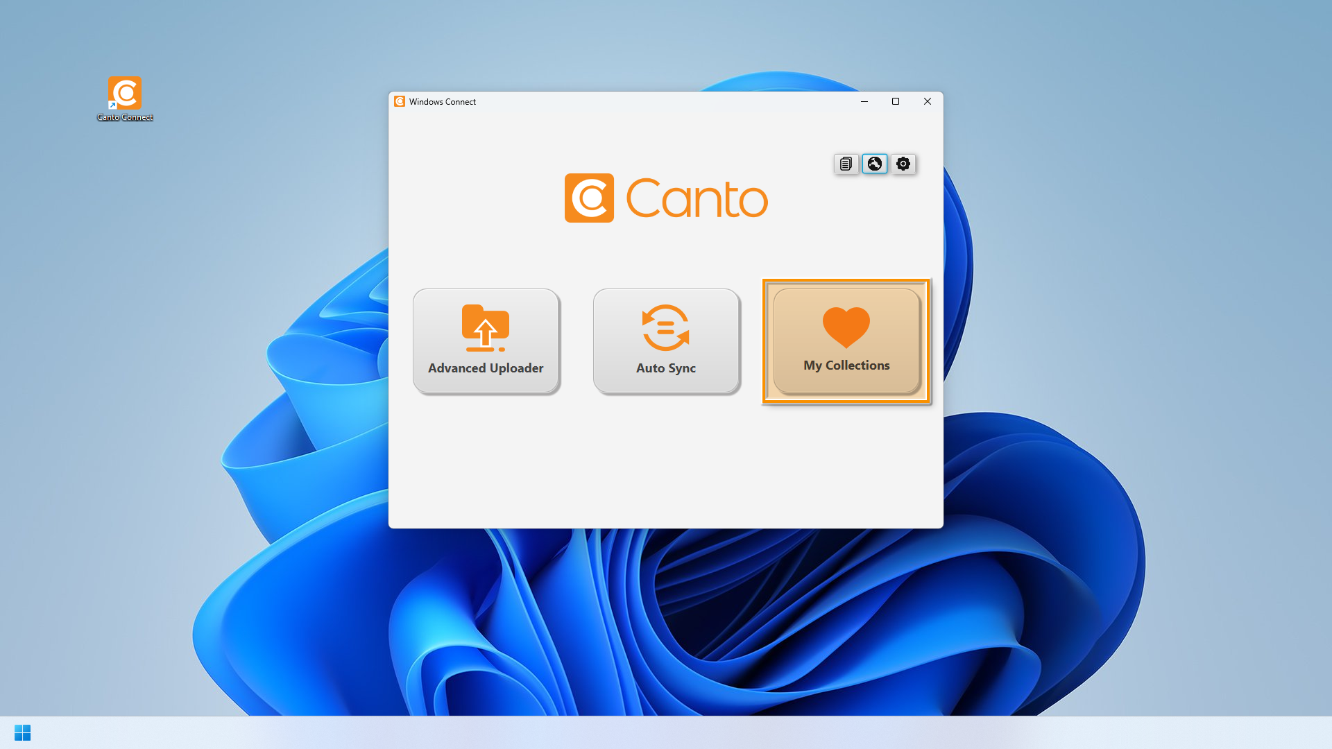 Canto Connect (Legacy) für Windows - der "My Collections"-Knopf ist hervorgehoben.