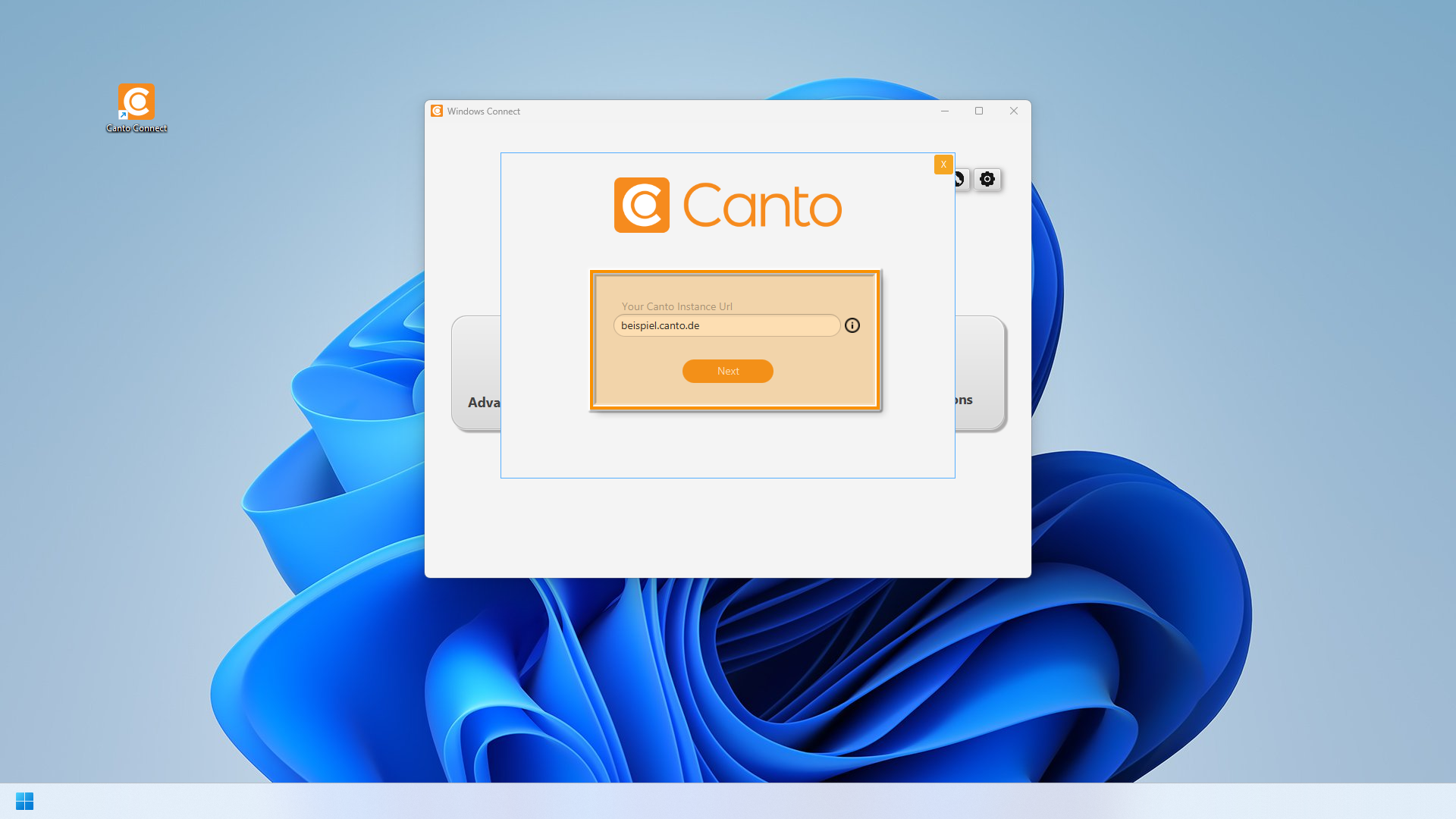 Canto Connect (Legacy) für Windows - das "Your Canto Instance URL"-Feld ist hervorgehoben.