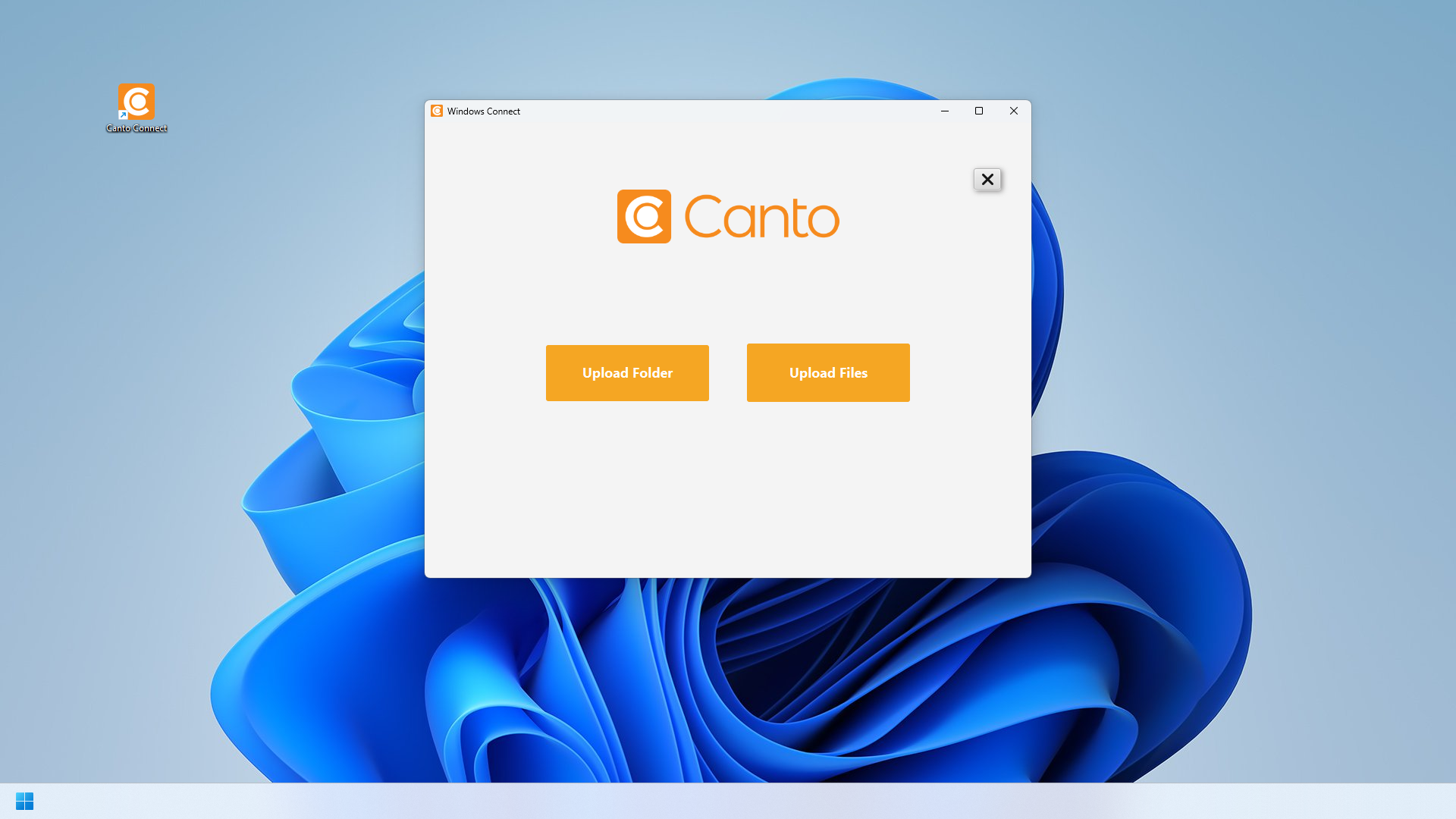 Canto Connect (Legacy) für Windows - die Knöpfe "Upload Folder" und "Upload File" sind sichtbar.