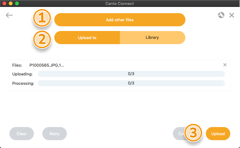 Canto Connect (Legacy) für macOS - der Upload-Dialog ist sichtbar, und mehrere Elemente sind hervorgehoben.
