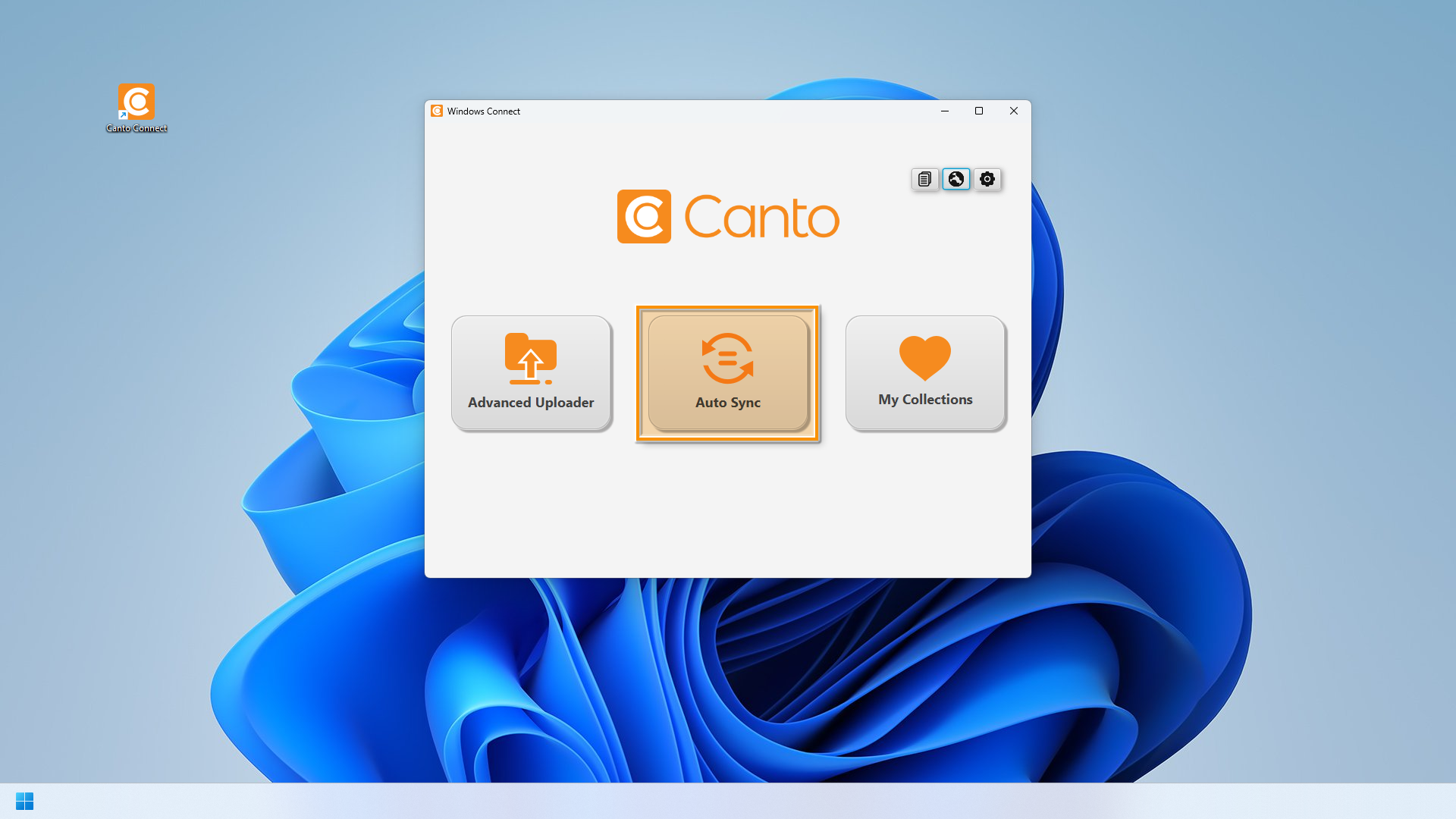Canto Connect (Legacy) für Windows - der "Auto Sync"-Knopf ist hervorgehoben.