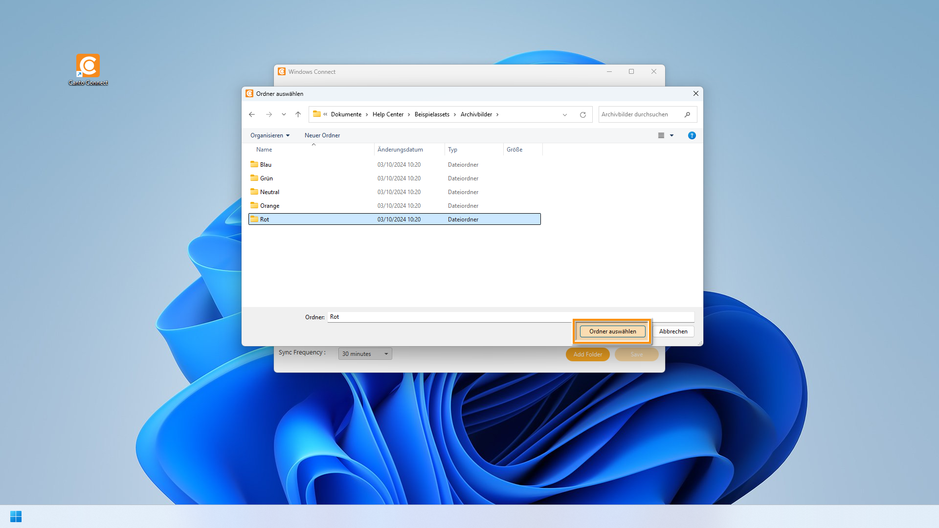 Canto Connect (Legacy) für Windows - ein Windows 11 Explorer-Fenster wird angezeigt, und der "Select Folder"-Knopf ist hervorgehoben.