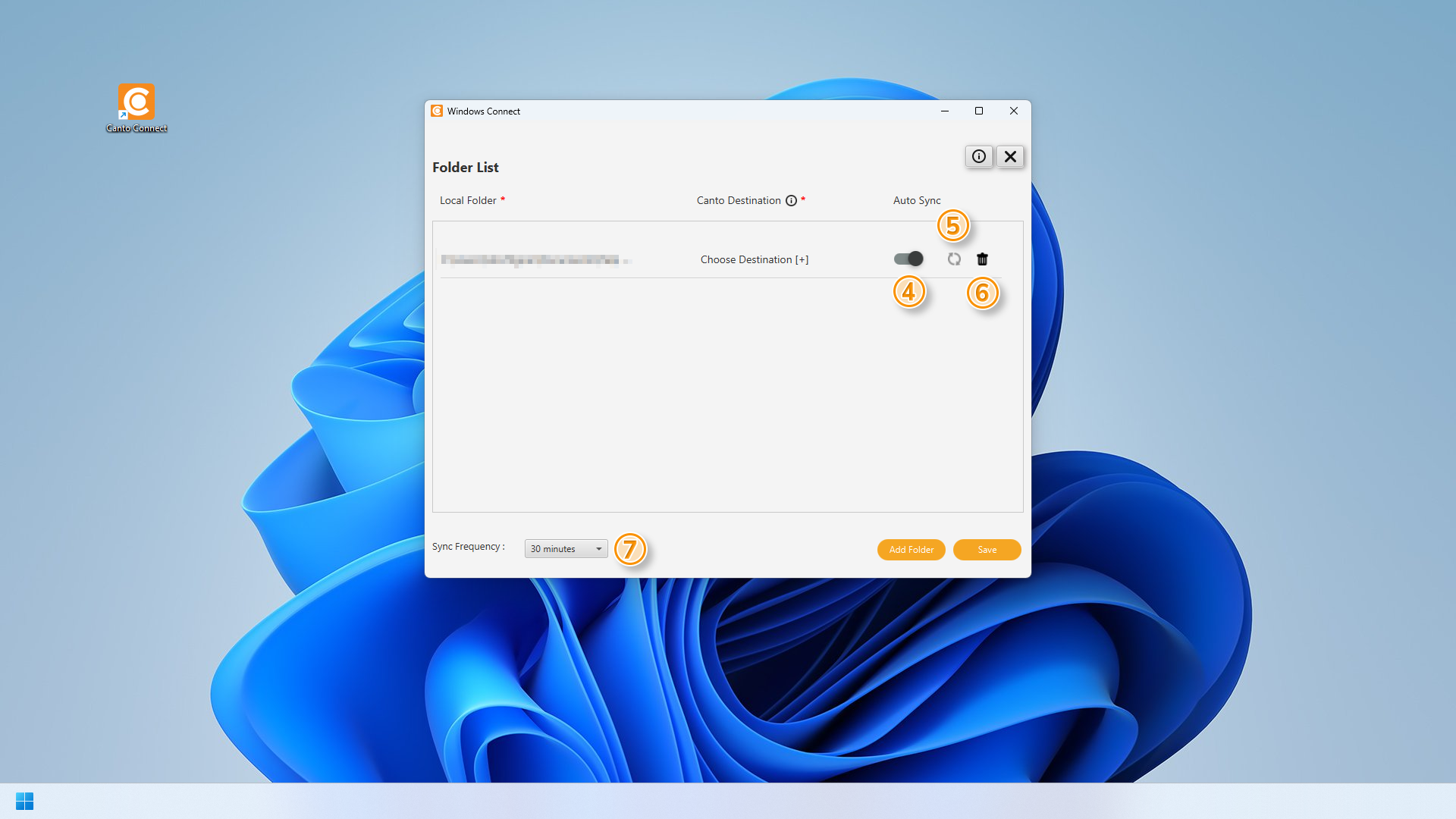 Canto Connect (Legacy) für Windows - der "Auto Sync"-Dialog ist sichtbar, und mehrere Elemente sind hervorgehoben.