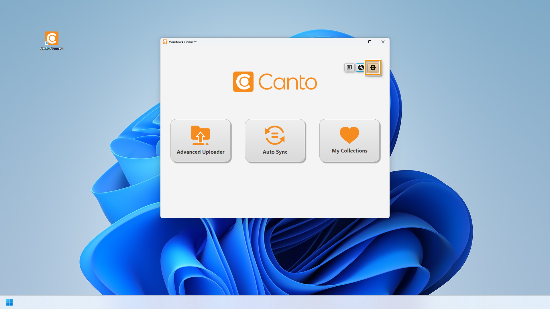 Canto Connect (Legacy) für Windows - der "Settings"-Knopf ist hervorgehoben.