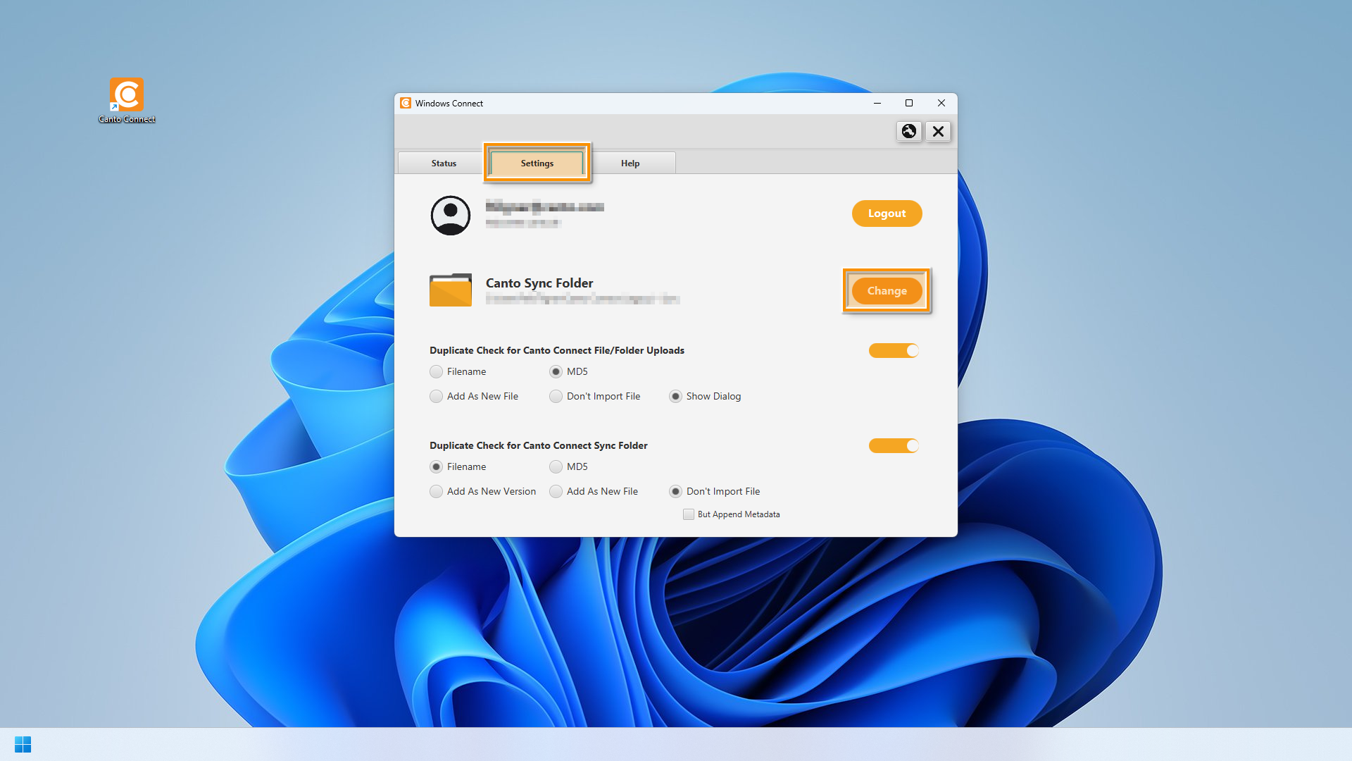 Canto Connect (Legacy) für Windows - die Seite "Settings" ist sichtbar, und mehrere Elemente sind hervorgehoben.