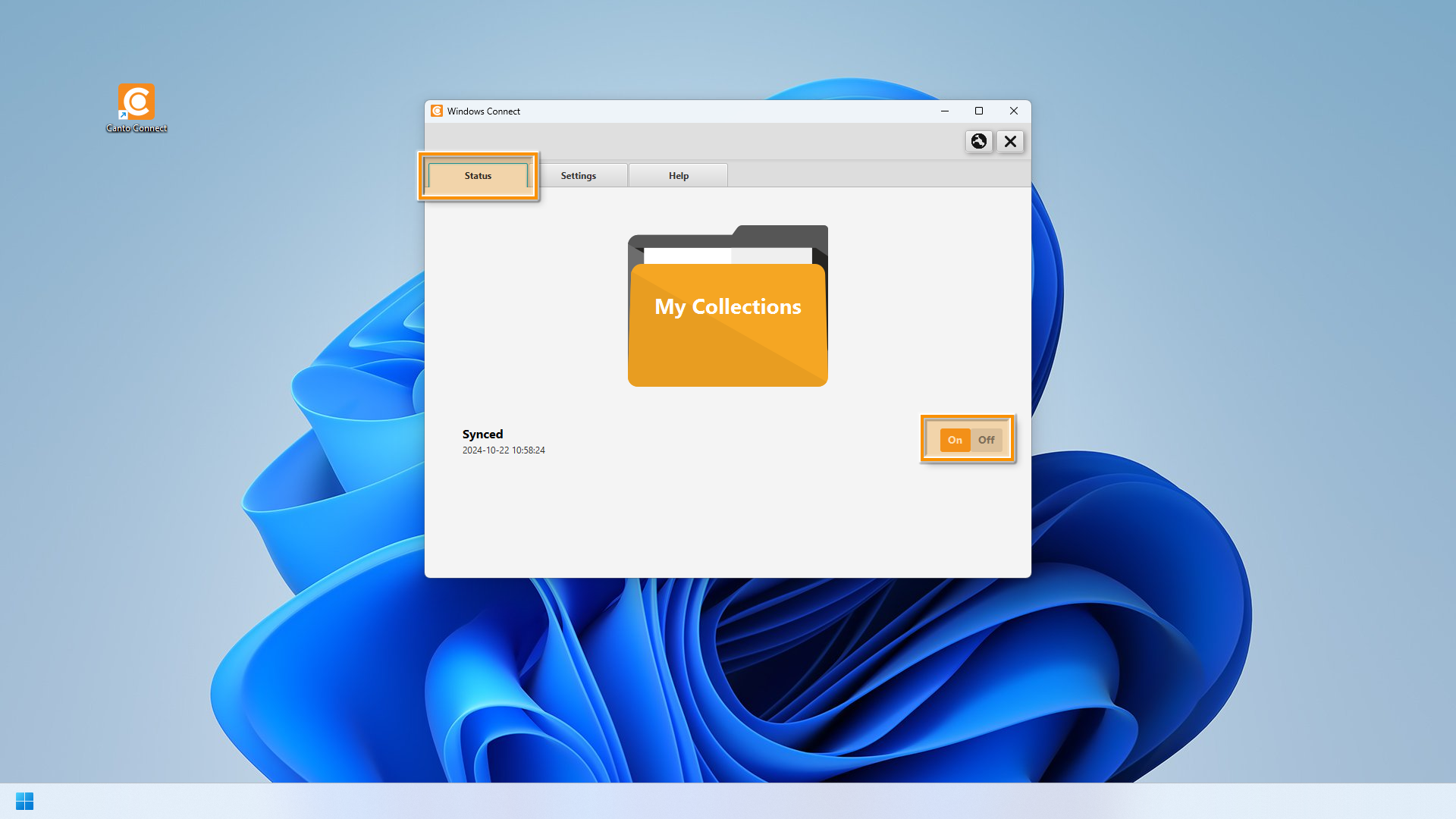 Canto Connect (Legacy) für Windows - die "Status"-Seite ist sichtbar, und mehrere Elemente sind hervorgehoben.