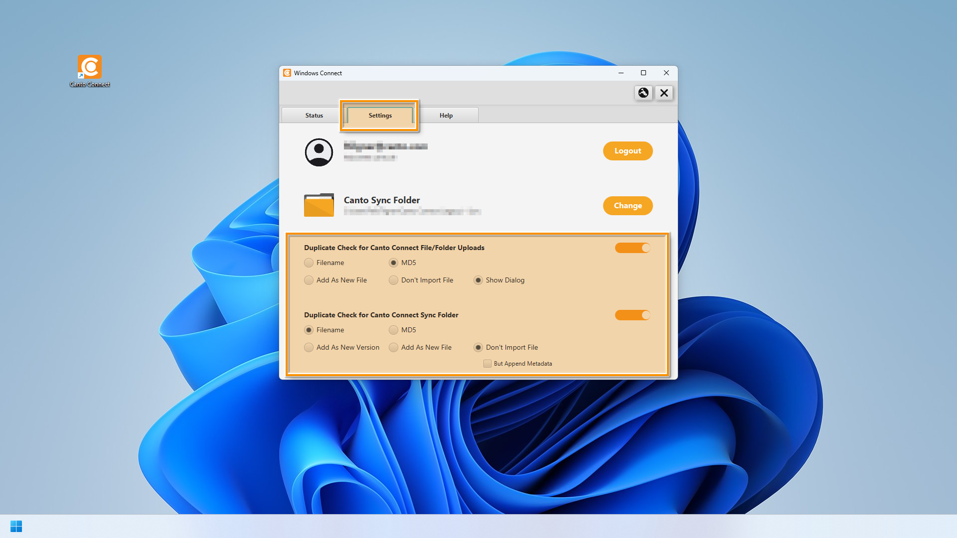 Canto Connect (Legacy) für Windows - die "Settings"-Seite ist sichtbar, und mehrere Elemente sind hervorgehoben.