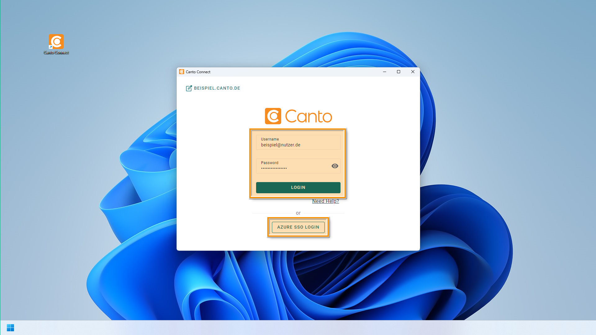 Die Anmeldeseite von Canto Connect - mehrere Elemente sind hervorgehoben.