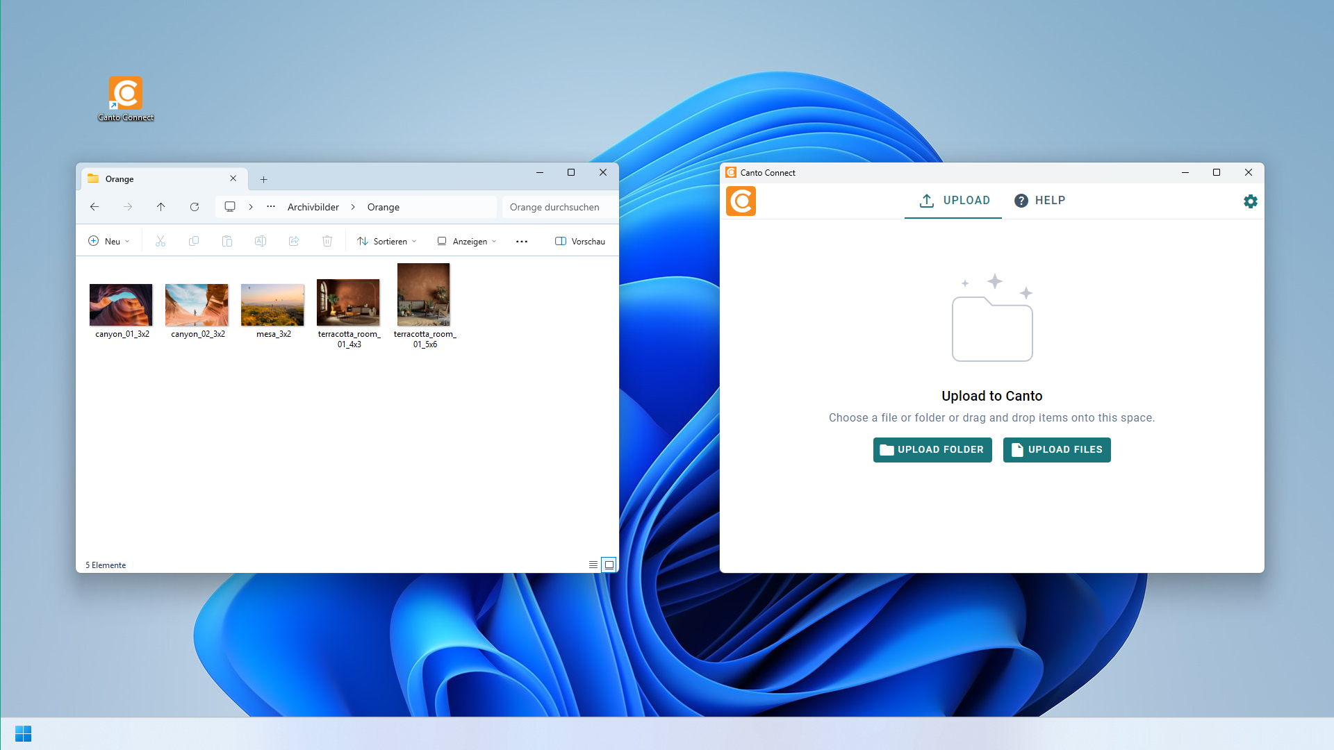 Ein Windows-Desktop - ein Windows-Explorer-Fenster und Canto Connect sind sichtbar.