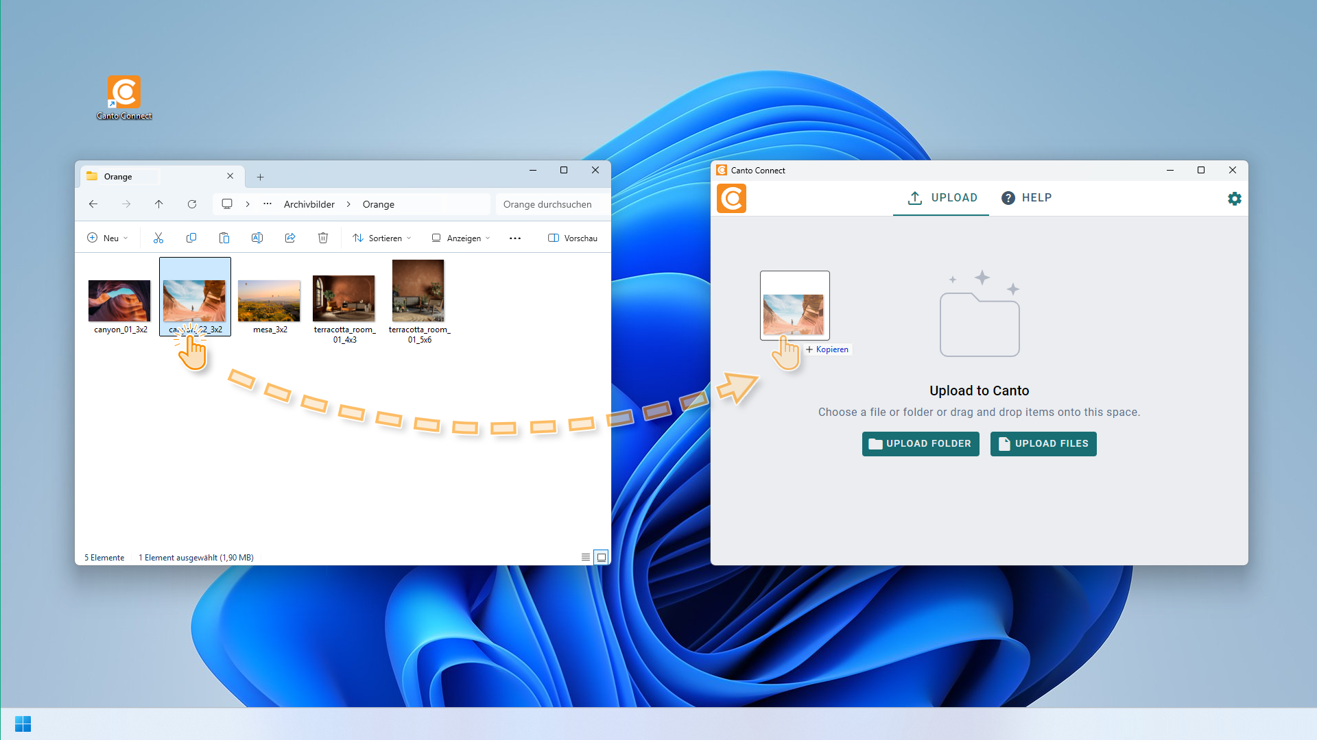 Ein Windows-Desktop - eine Datei aus einem Windows-Explorer-Fenster auf Canto Connect gezogen wird.
