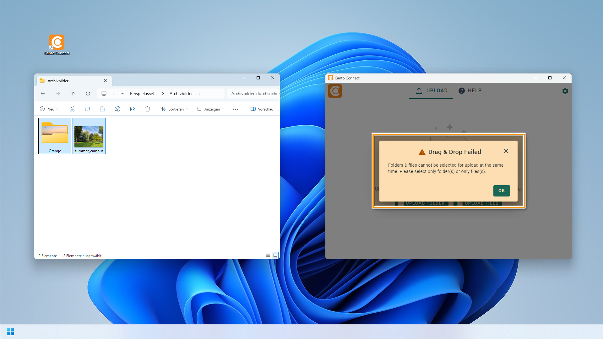 Ein Windows-Desktop - ein Windows-Explorer-Fenster und Canto Connect sind sichtbar. Eine Warning in Canto Connect ist hervorgehoben.