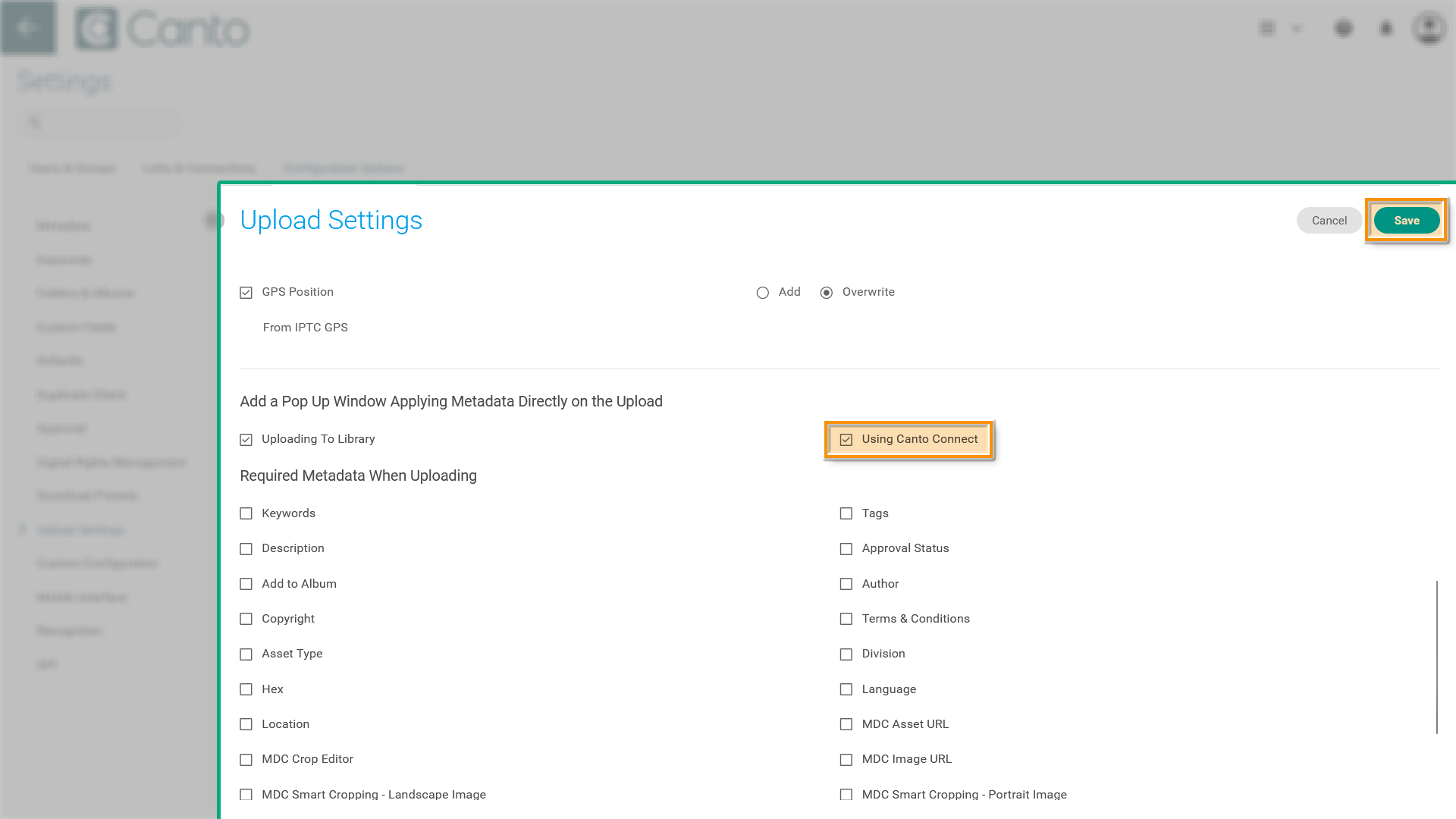 The "Settings" page - several elements are highlighted.
