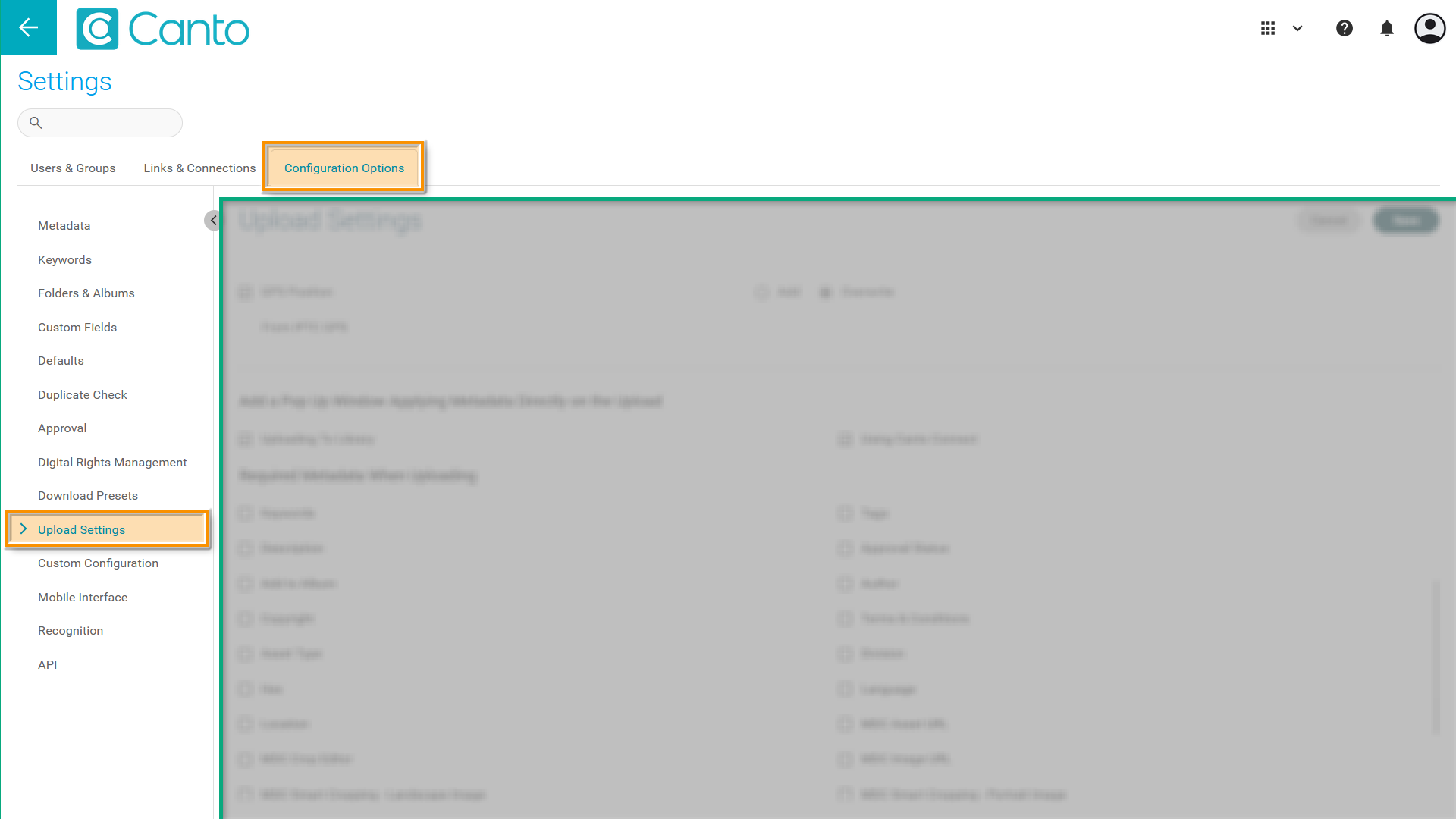 The "Settings" page - several elements are highlighted.