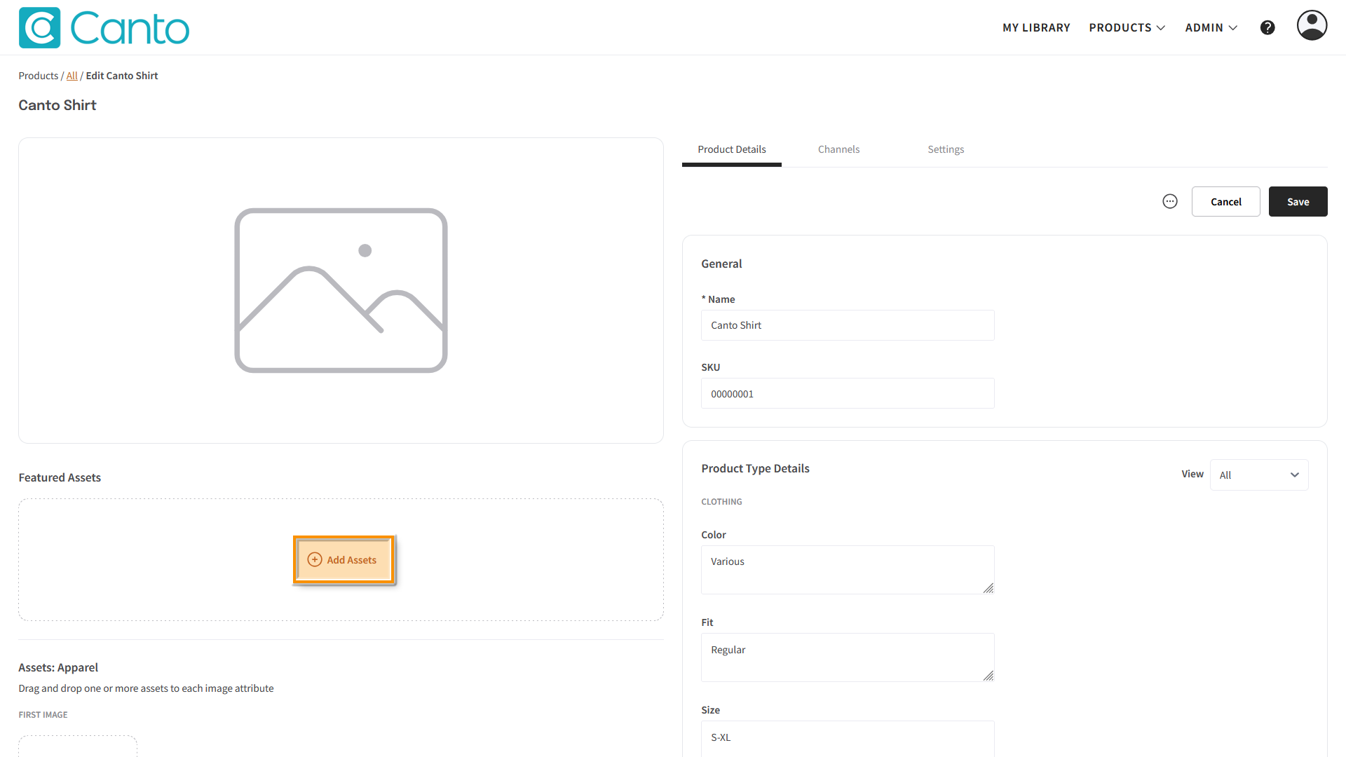 A Product page, the "Product Details" tab is visible - the "Add Assets" button is highlighted.