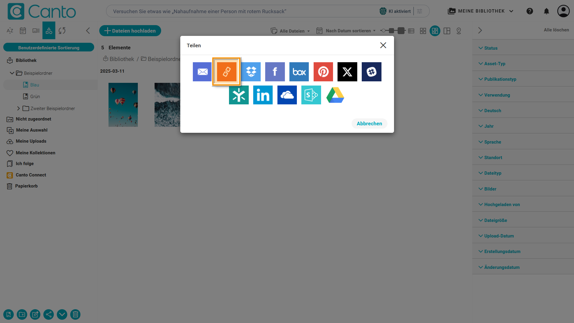 Das Overlay "Teilen" - der Knopf "Freigabelink" ist hervorgehoben