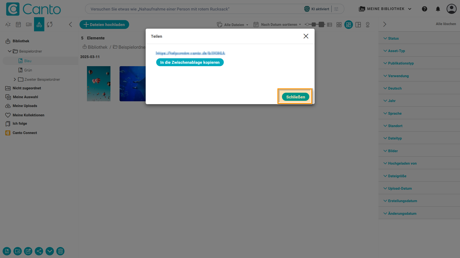 Das Overlay für einen neuen Freigabelink - der Knopf "Schließen" ist hervorgehoben.