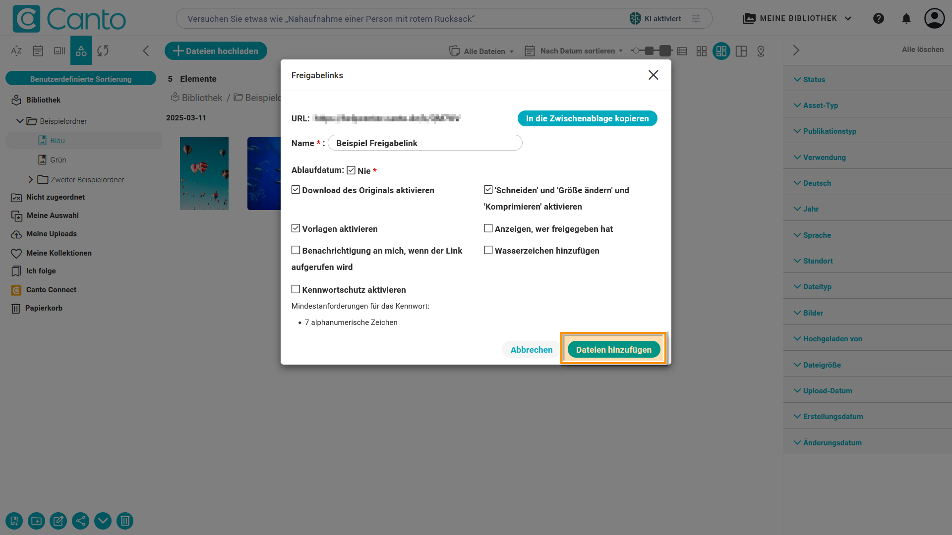 Das "Freigabelink"-Overlay - der Knopf "Dateien hinzufügen" ist hervorgehoben.