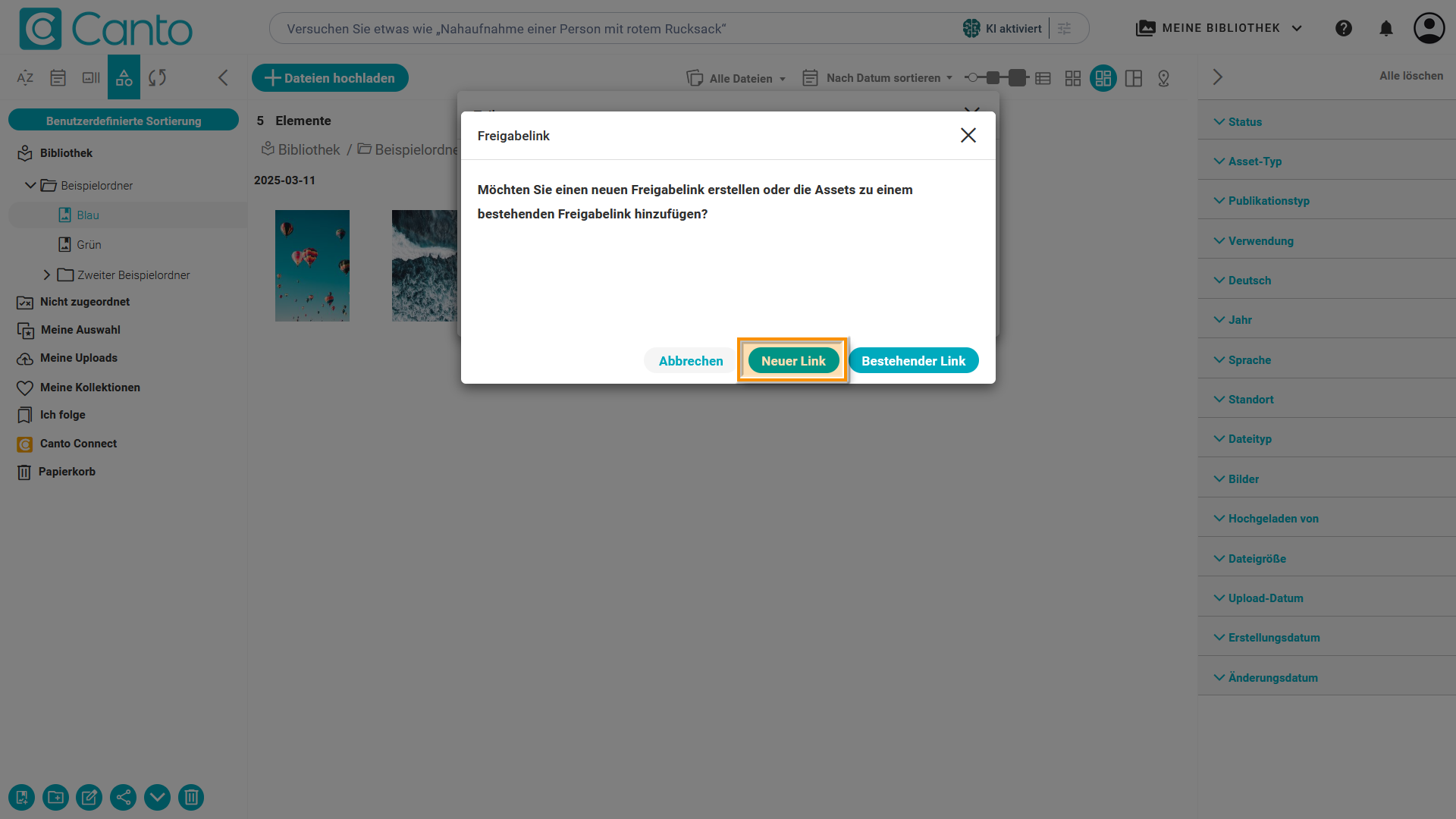 Das "Freigabelink"-Overlay - der Knof "Neuer Freigabelink" ist hervorgehoben.
