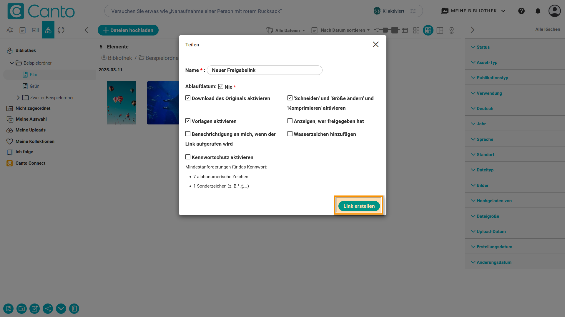 Das Overlay für einen neuen Freigabelink - der Knof "Link erstellen" ist hervorgehoben.