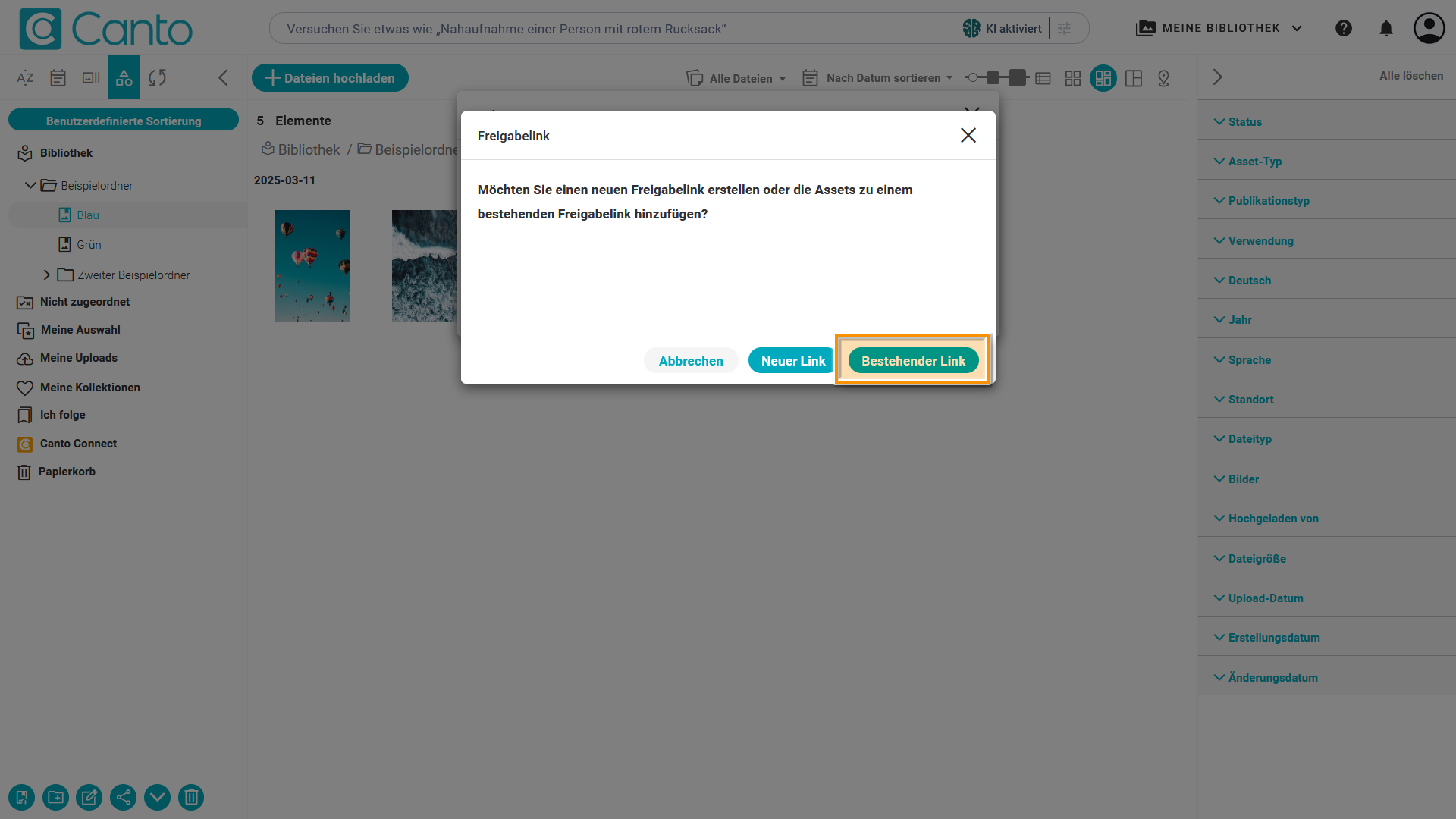 Das "Freigabelink"-Overlay - der Knopf "Bestehender Link" ist hervorgehoben.