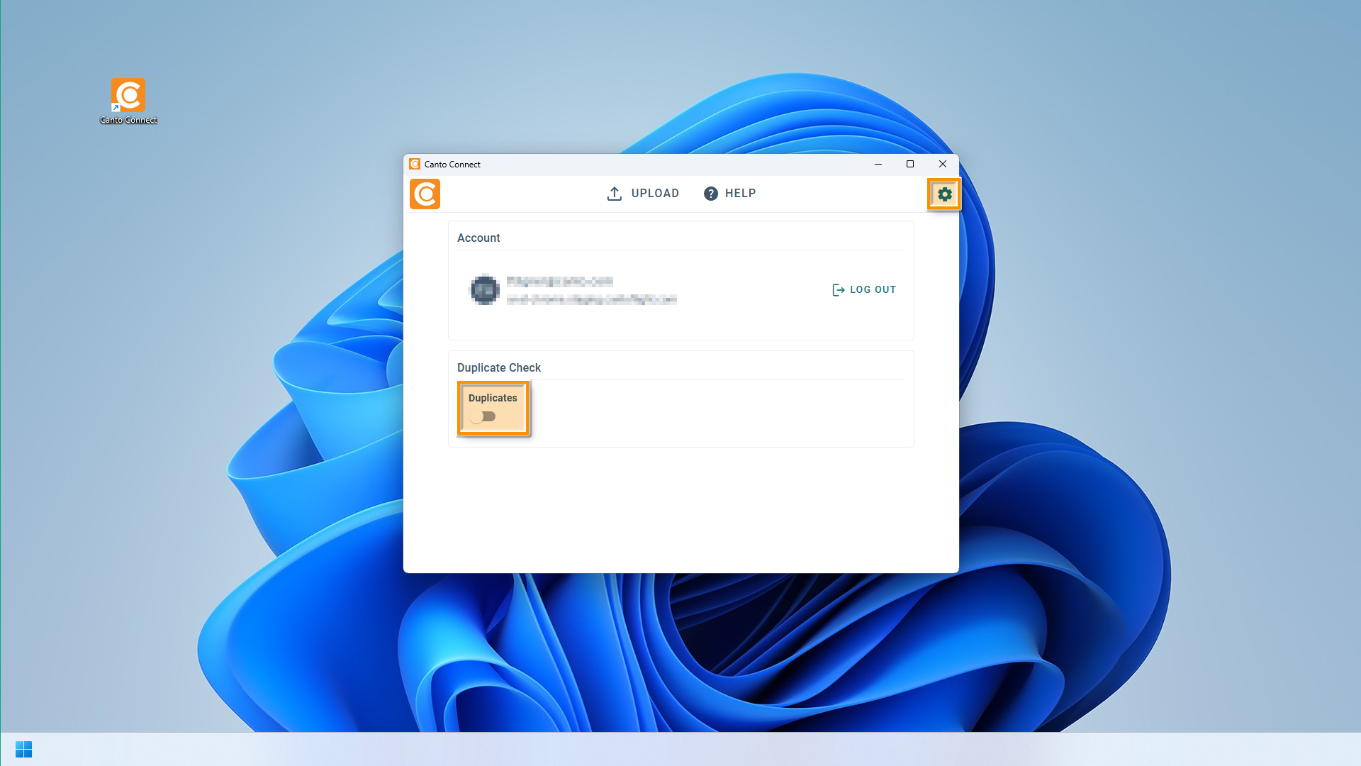 The Canto Connect "Settings & Account" page - several elements are highlighted.