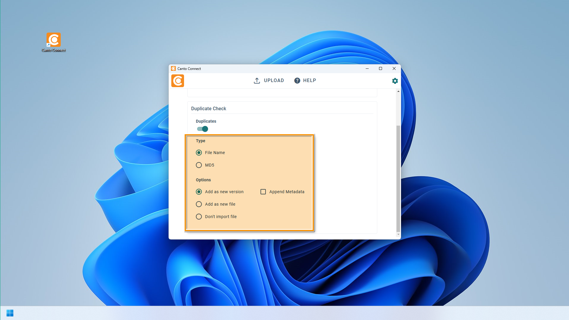 The Canto Connect "Settings & Account" page - the "Duplicate Check" dashboard is highlighted.