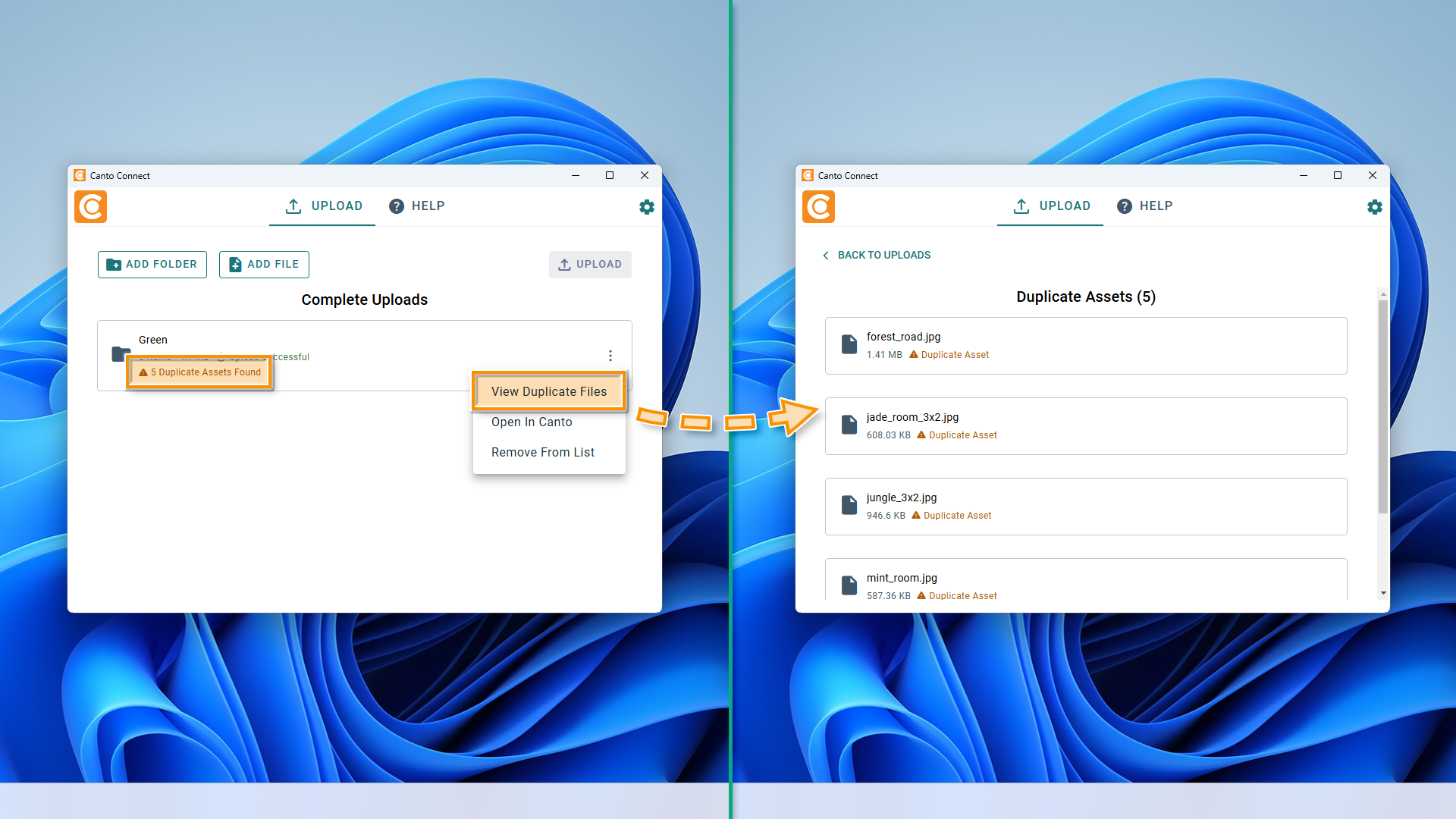 A split screen, the left side shows the Canto Connect Upload page, the right shows a list of assets found as duplicates