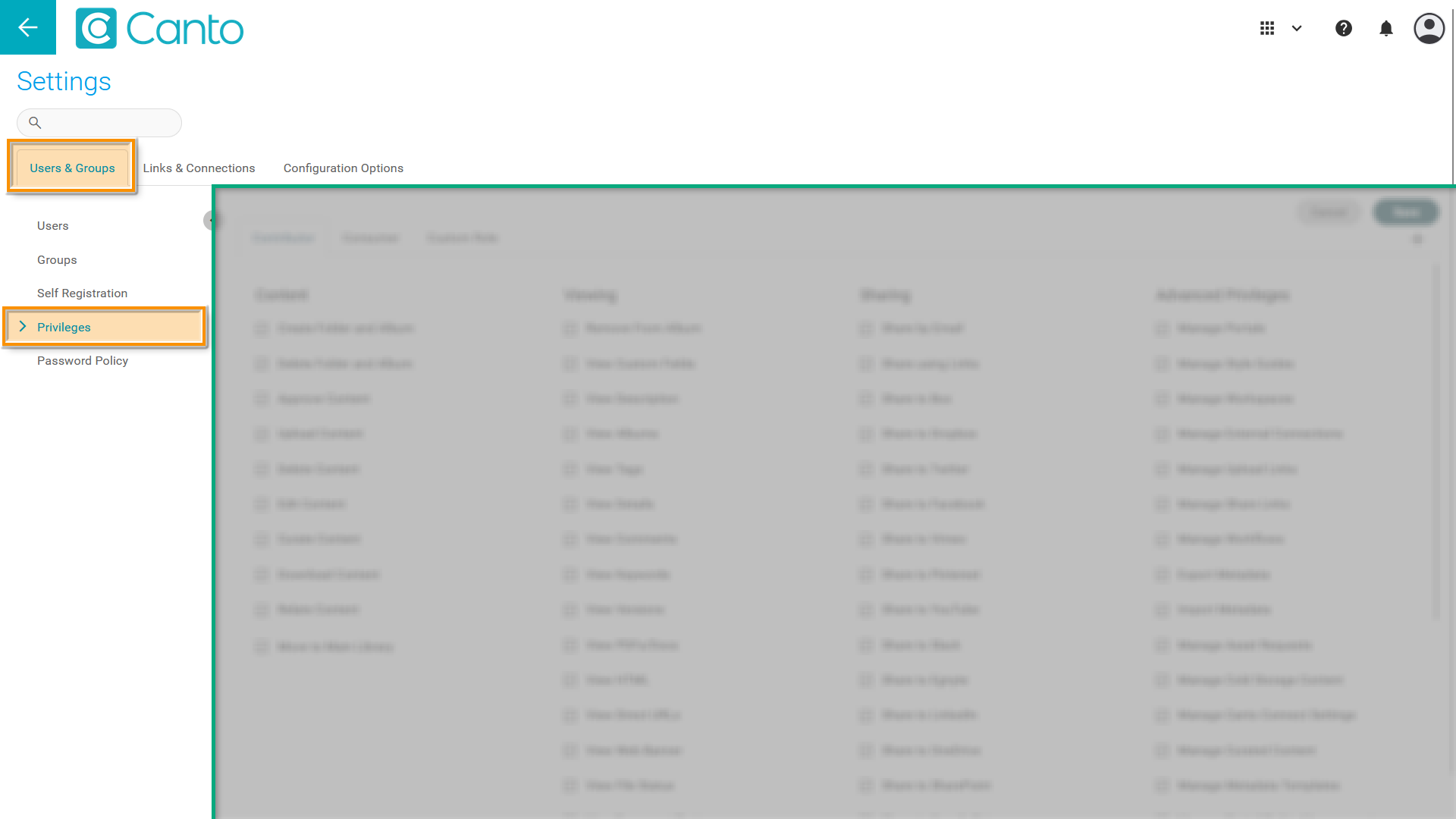 The Settings page - several elements are highlighted.