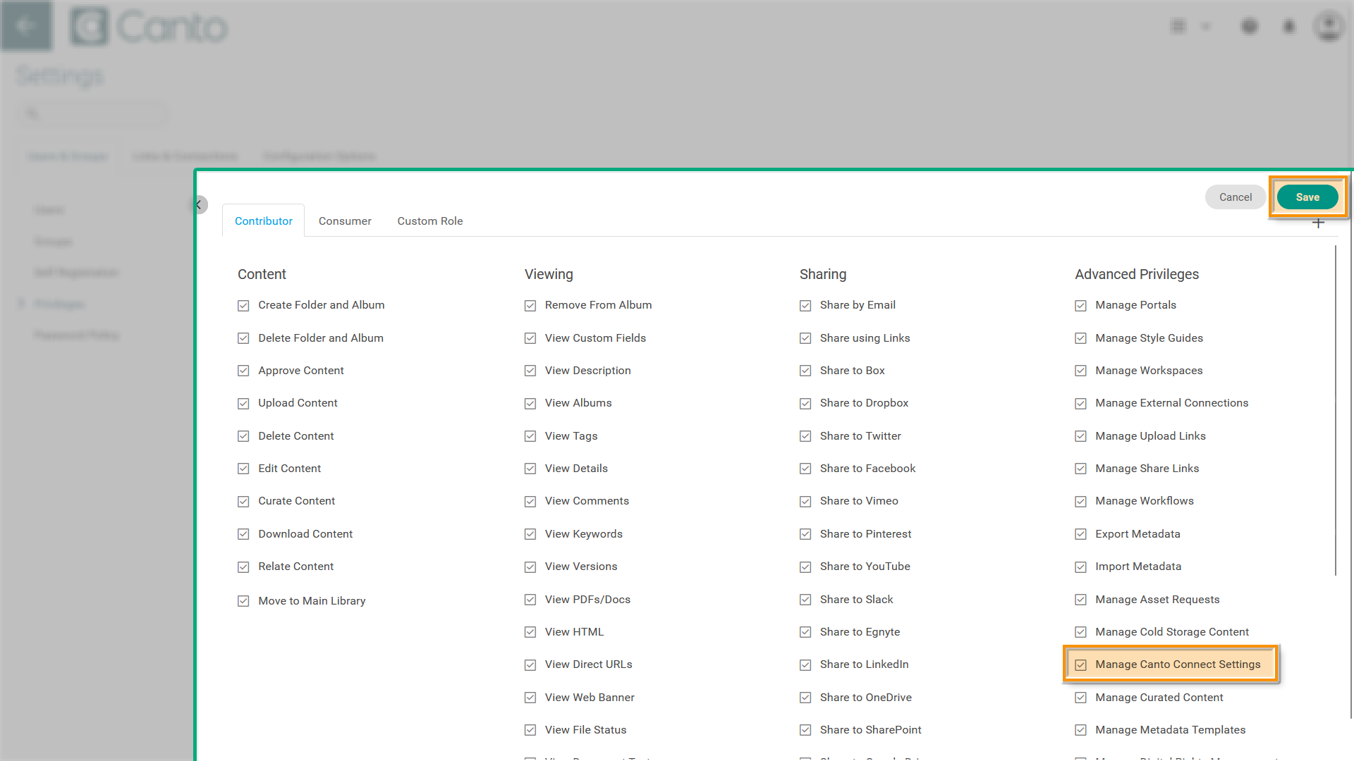 The "Privileges" section of the Settings page - several elements are highlighted.