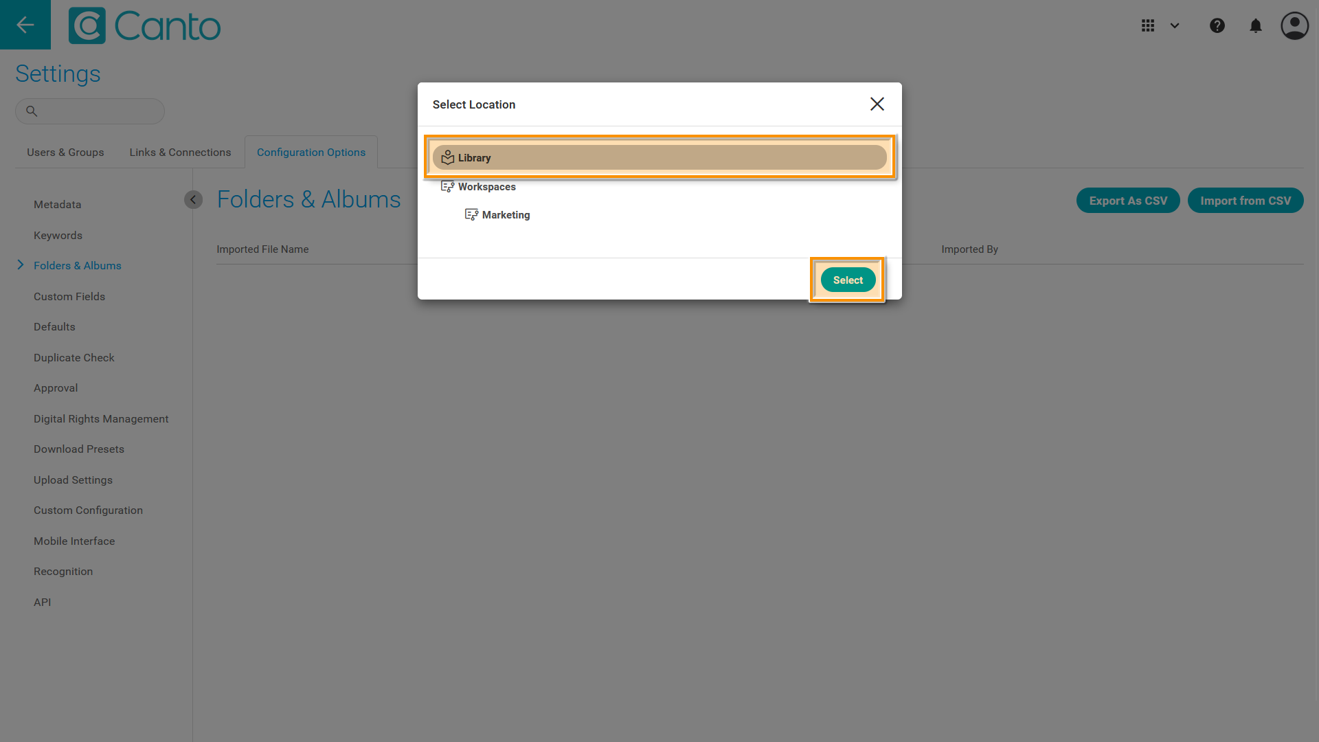The Settings page, the "Select Location" overlay is visible - several elements are highlighted.