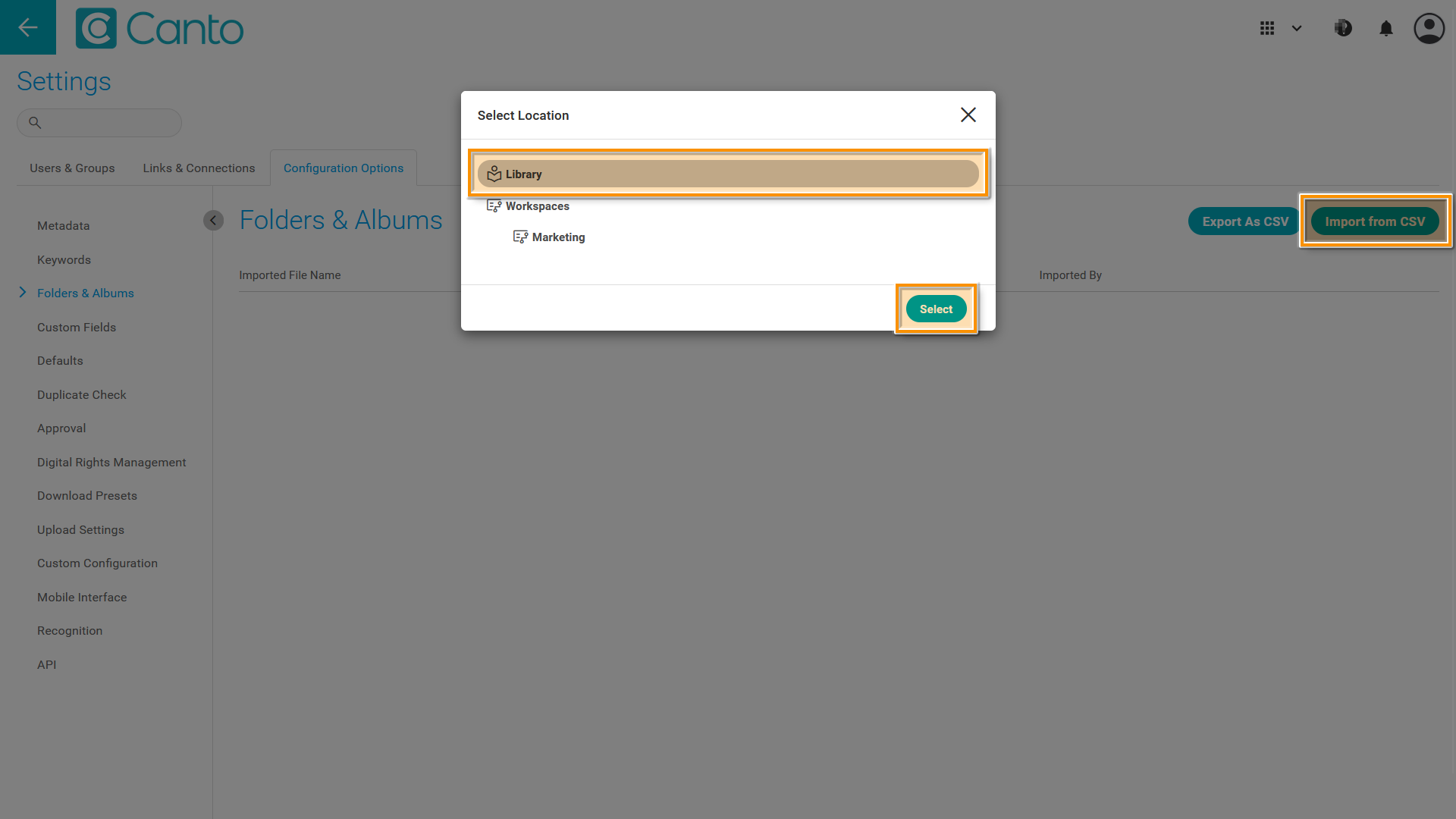 The Settings page, the "Select Location" overlay is visible - several elements are highlighted.