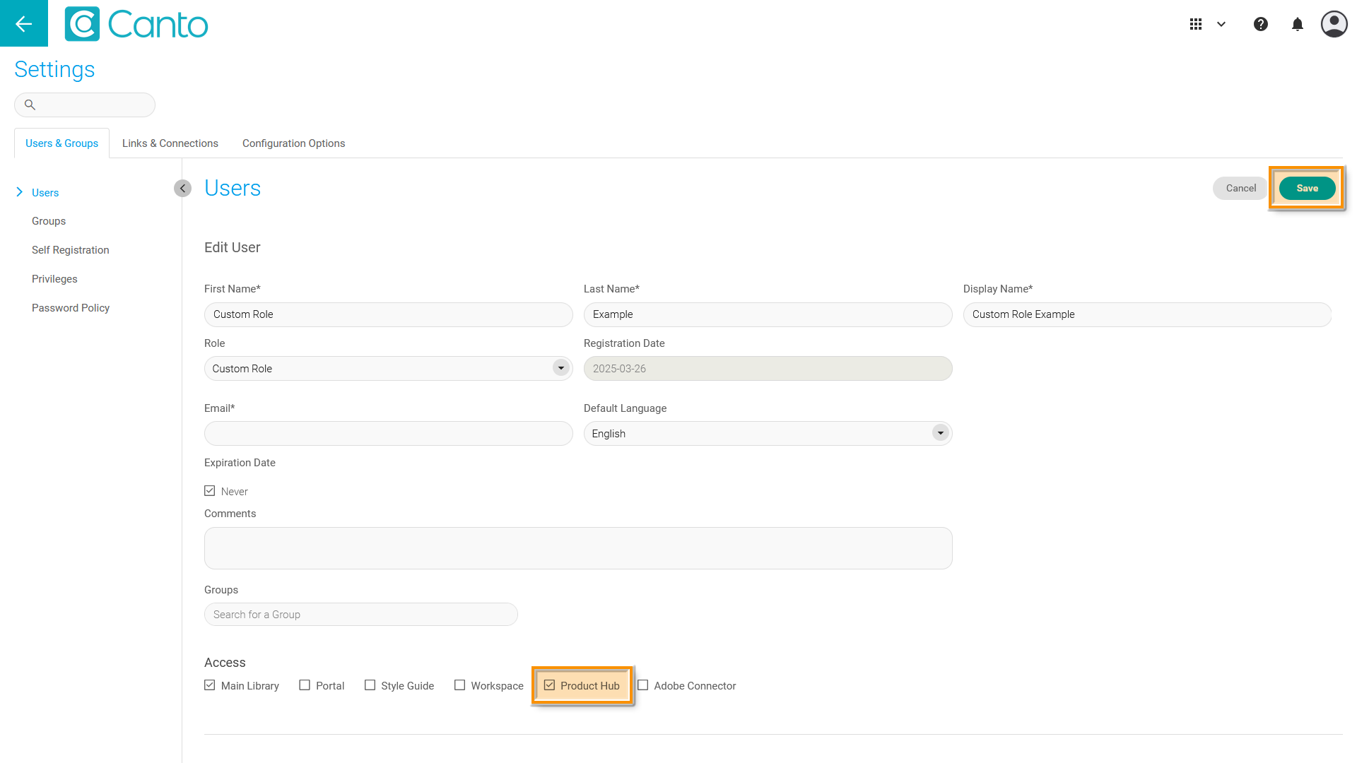 The Settings Page - a user profile is visible, several elements are highlighted.