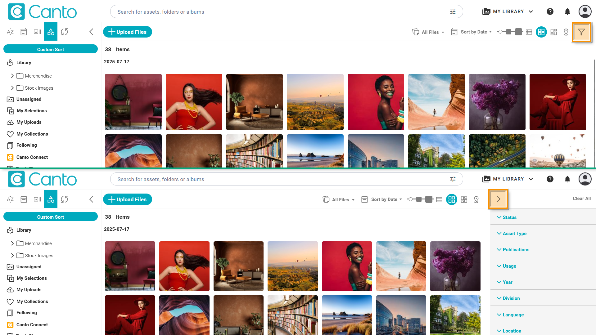 A split image, each half showing the Main Library - several elements are highlighted.