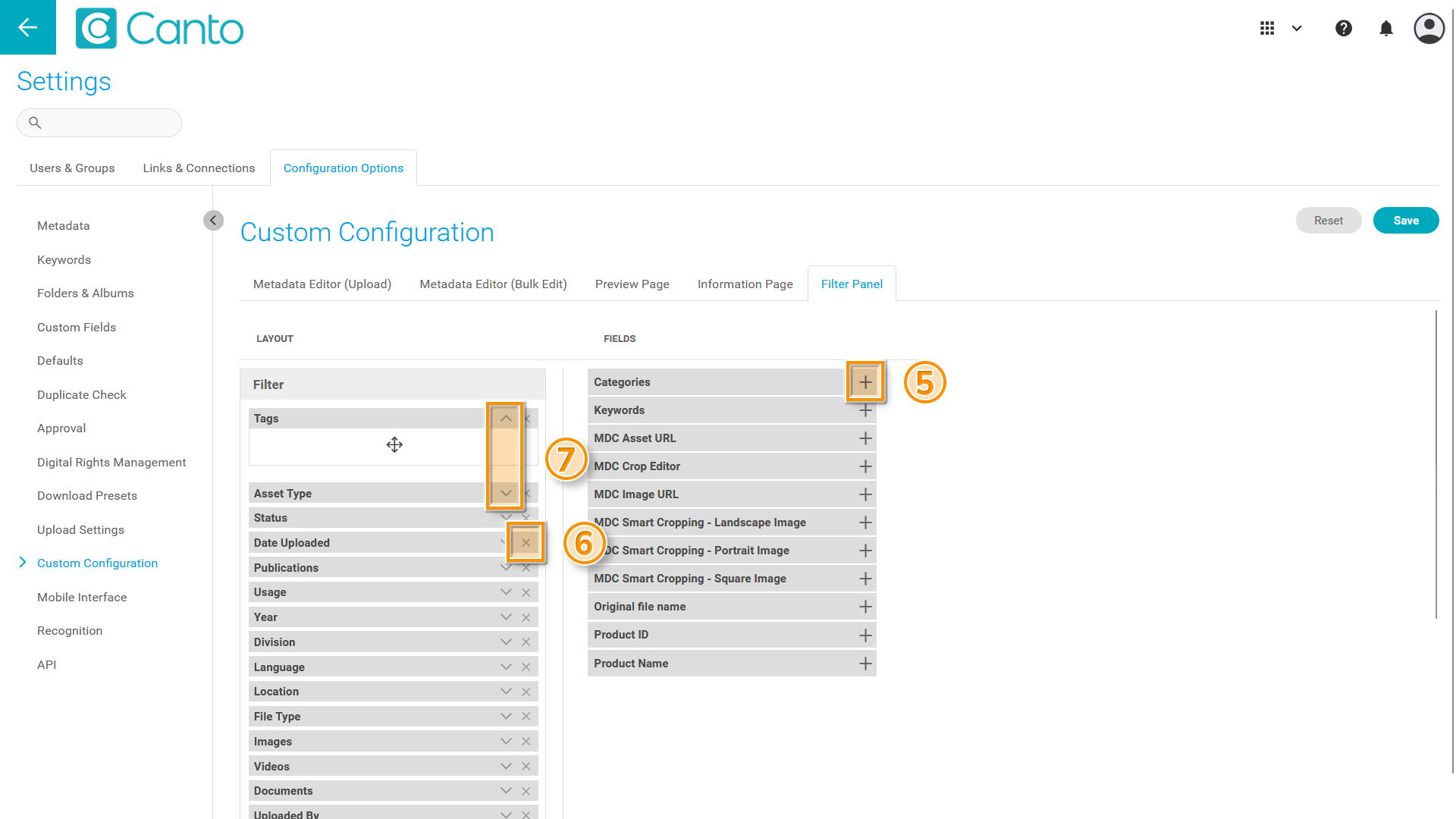 The Settings page, the "Custom Configuration" page is visible - several elements are highlighted.